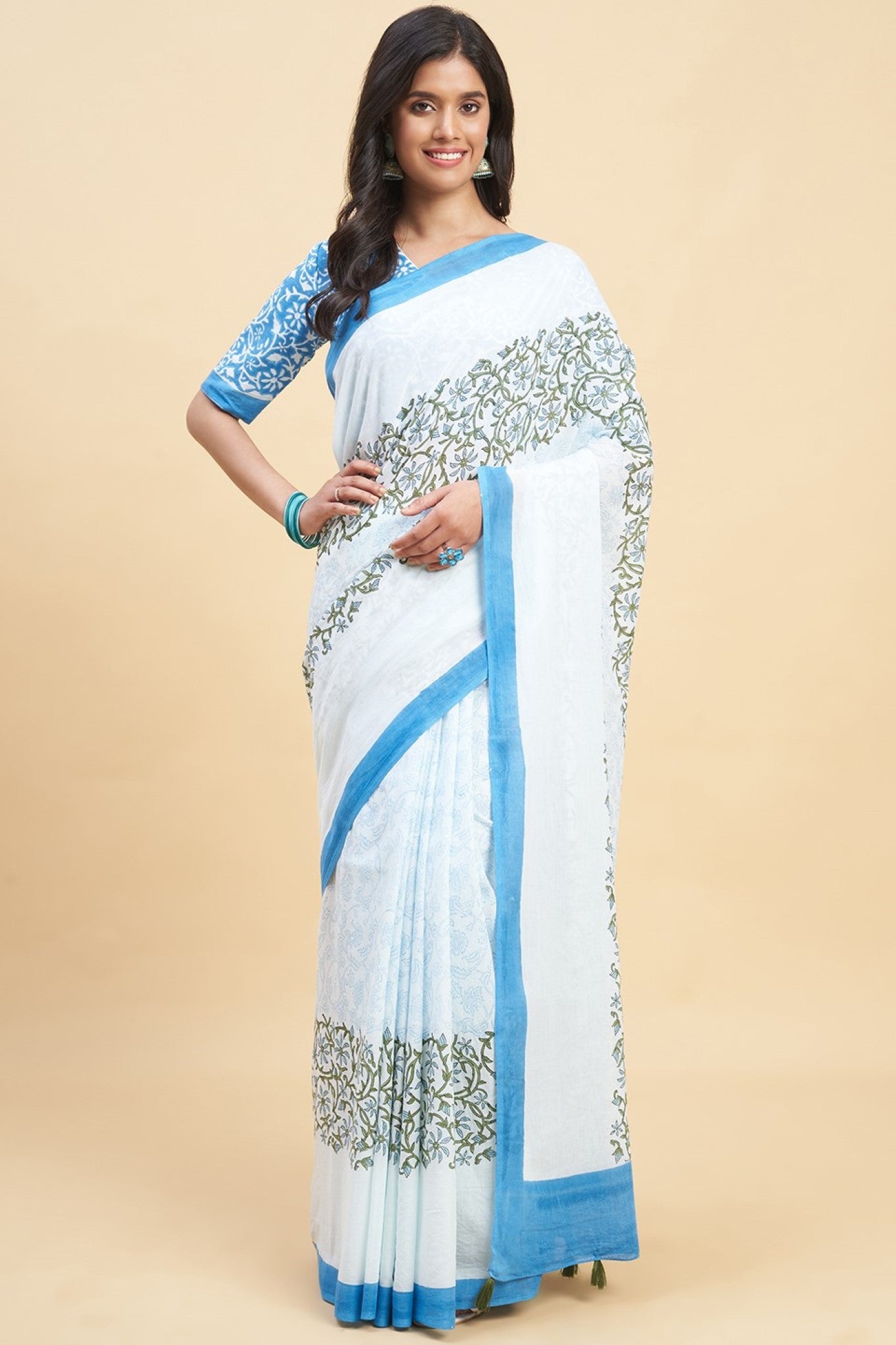 "Crape Myrtle Blue" HANDBLOCK PRINT MUL COTTON SAREE