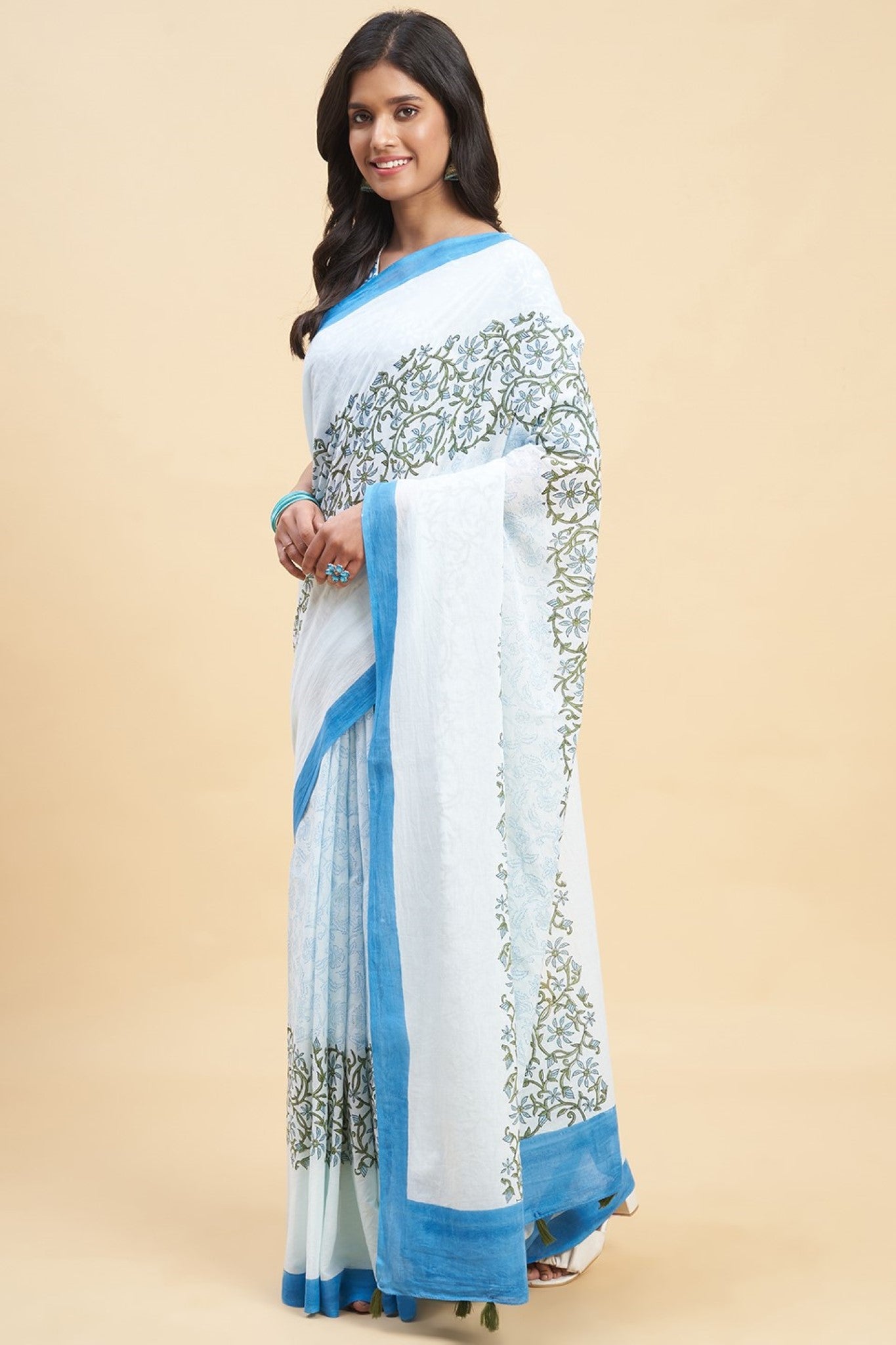 "Crape Myrtle Blue" HANDBLOCK PRINT MUL COTTON SAREE