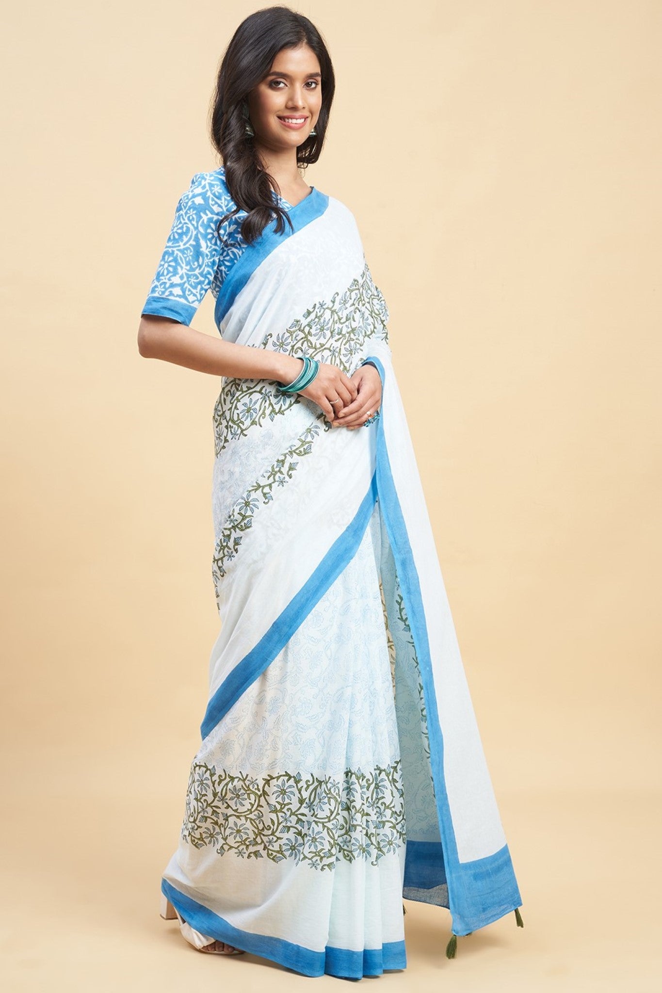 "Crape Myrtle Blue" HANDBLOCK PRINT MUL COTTON SAREE