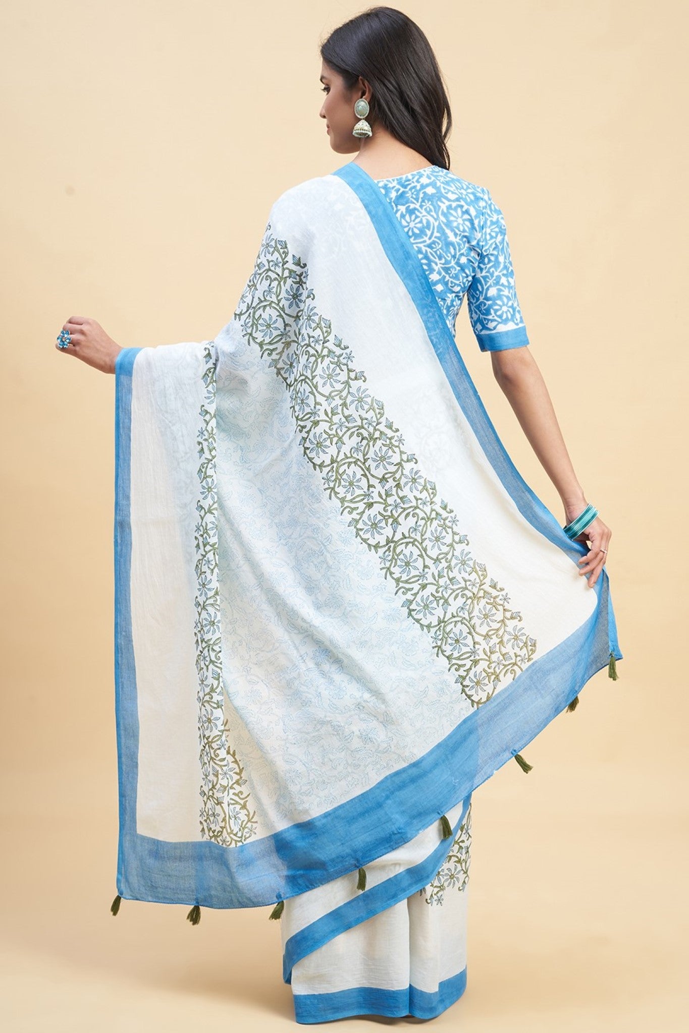 "Crape Myrtle Blue" HANDBLOCK PRINT MUL COTTON SAREE