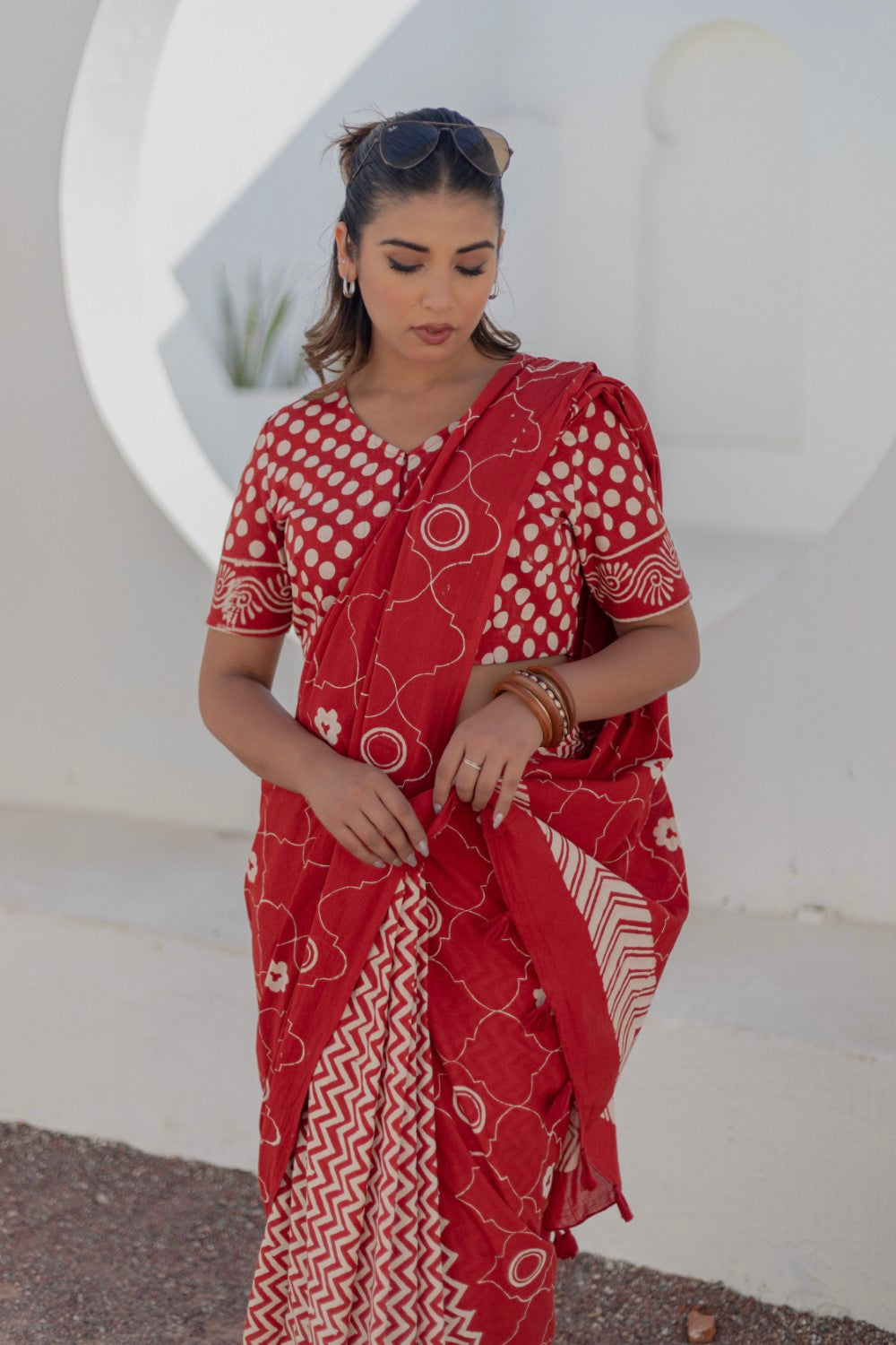 Ruby Circles - Hand Block Mul Mul Cotton Saree