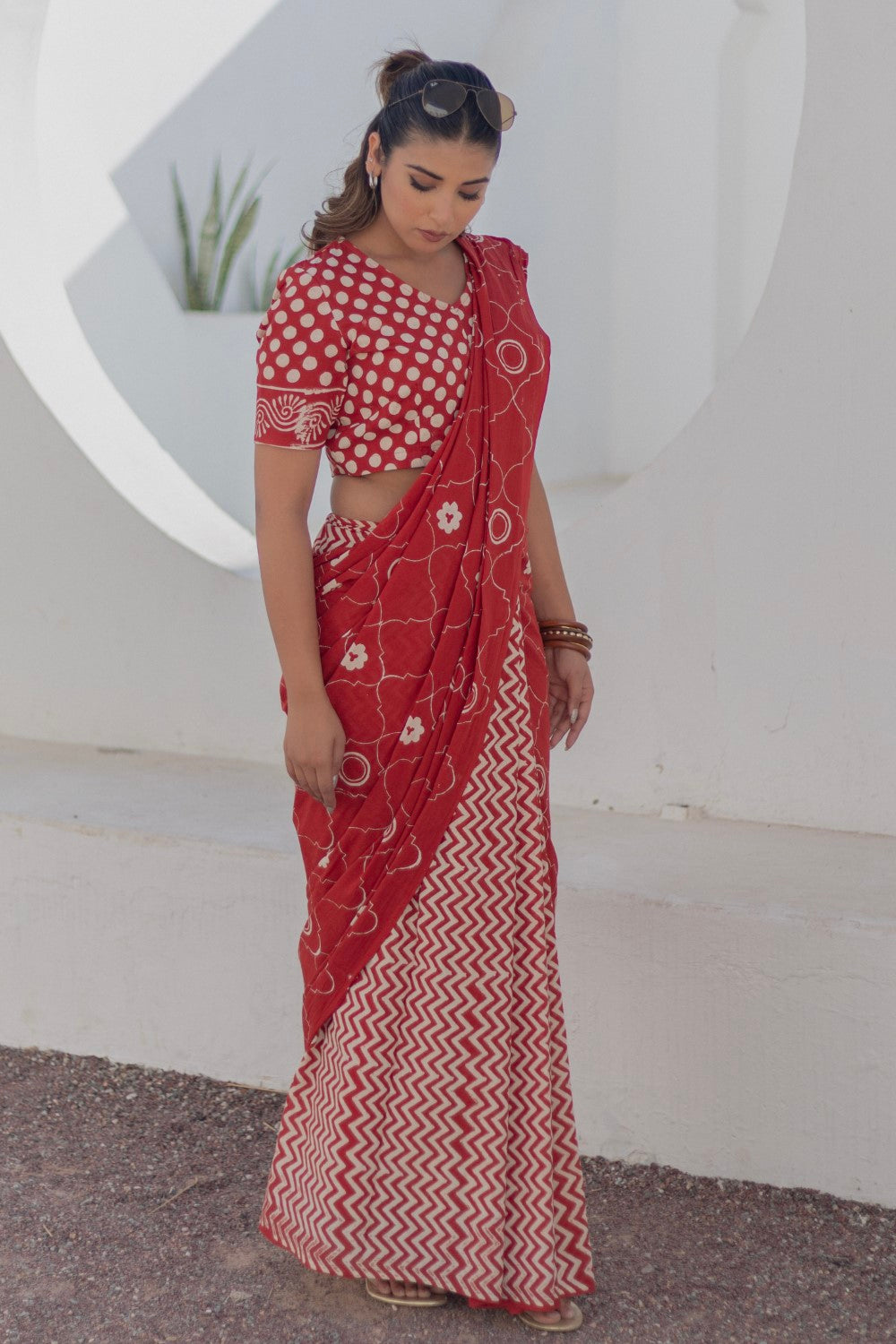 Ruby Circles - Hand Block Mul Mul Cotton Saree