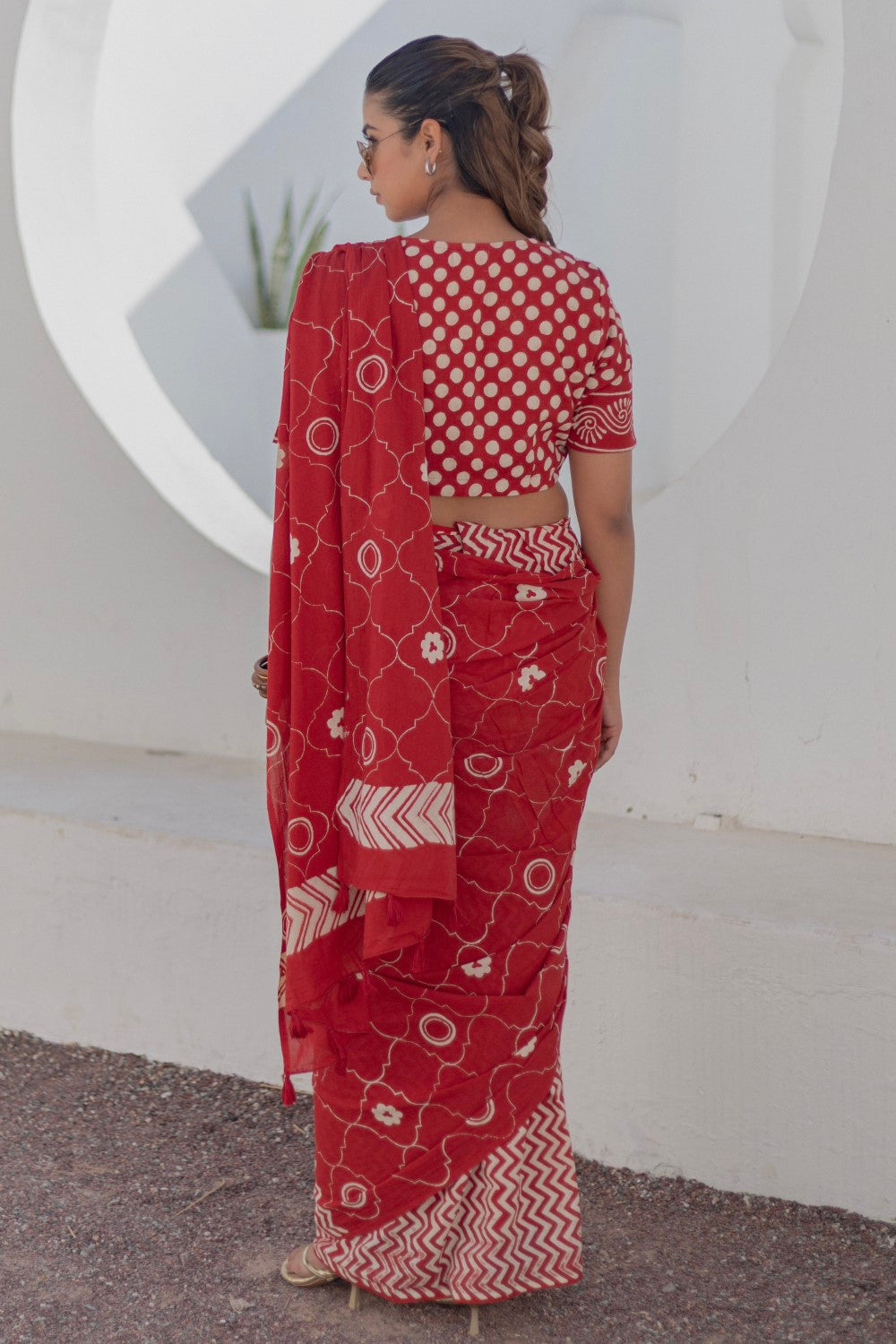 Ruby Circles - Hand Block Mul Mul Cotton Saree