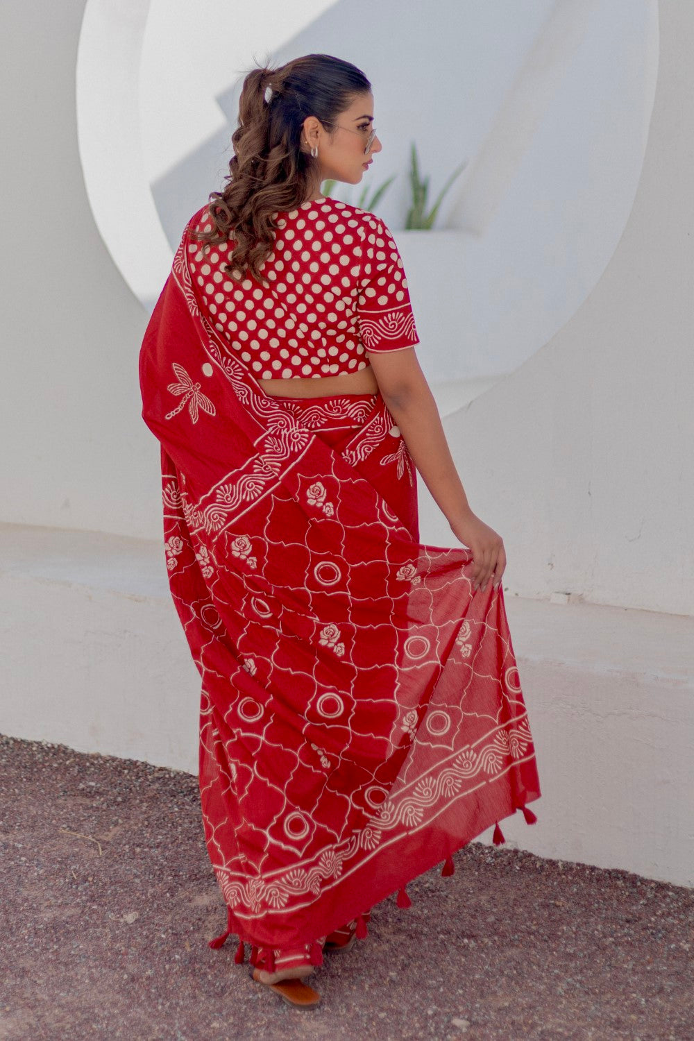 Crimson Dragonfly - Hand Block Mul Mul Cotton Saree
