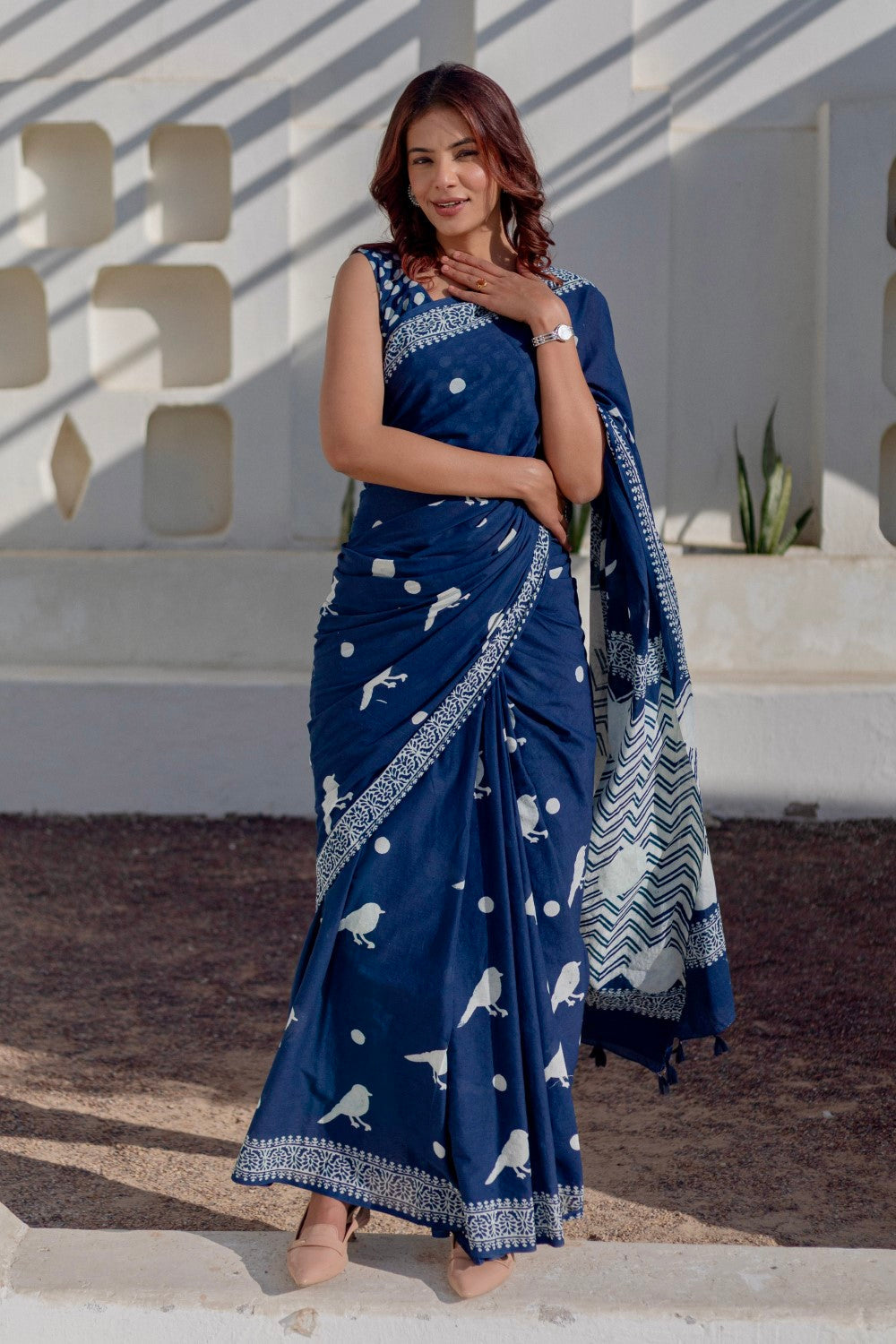 Midnight Sparrows - Hand Block Mul Cotton Saree - SootiSyahi