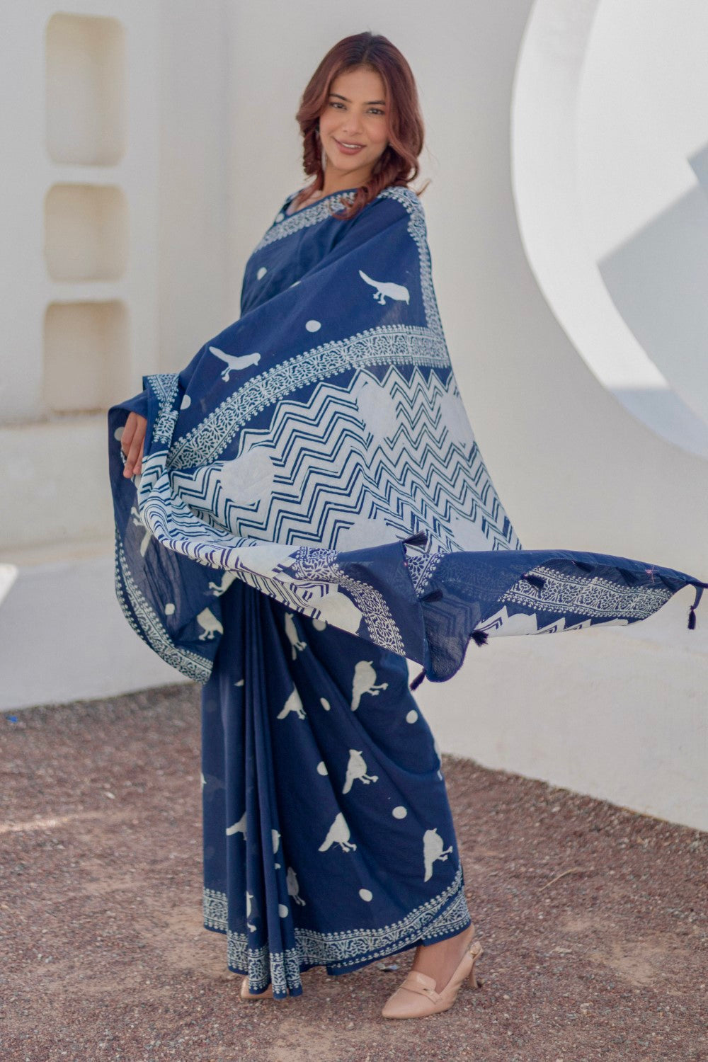 Midnight Sparrows - Hand Block Mul Cotton Saree - SootiSyahi