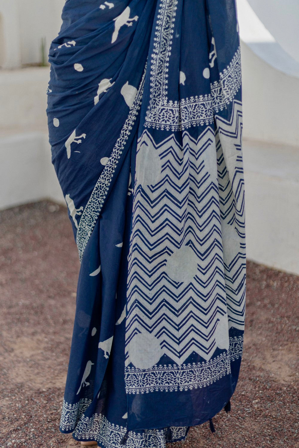 Midnight Sparrows - Hand Block Mul Cotton Saree - SootiSyahi