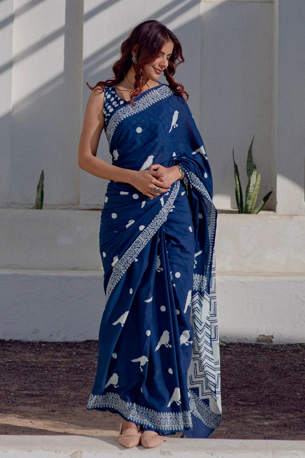 Midnight Sparrows - Hand Block Mul Cotton Saree - SootiSyahi