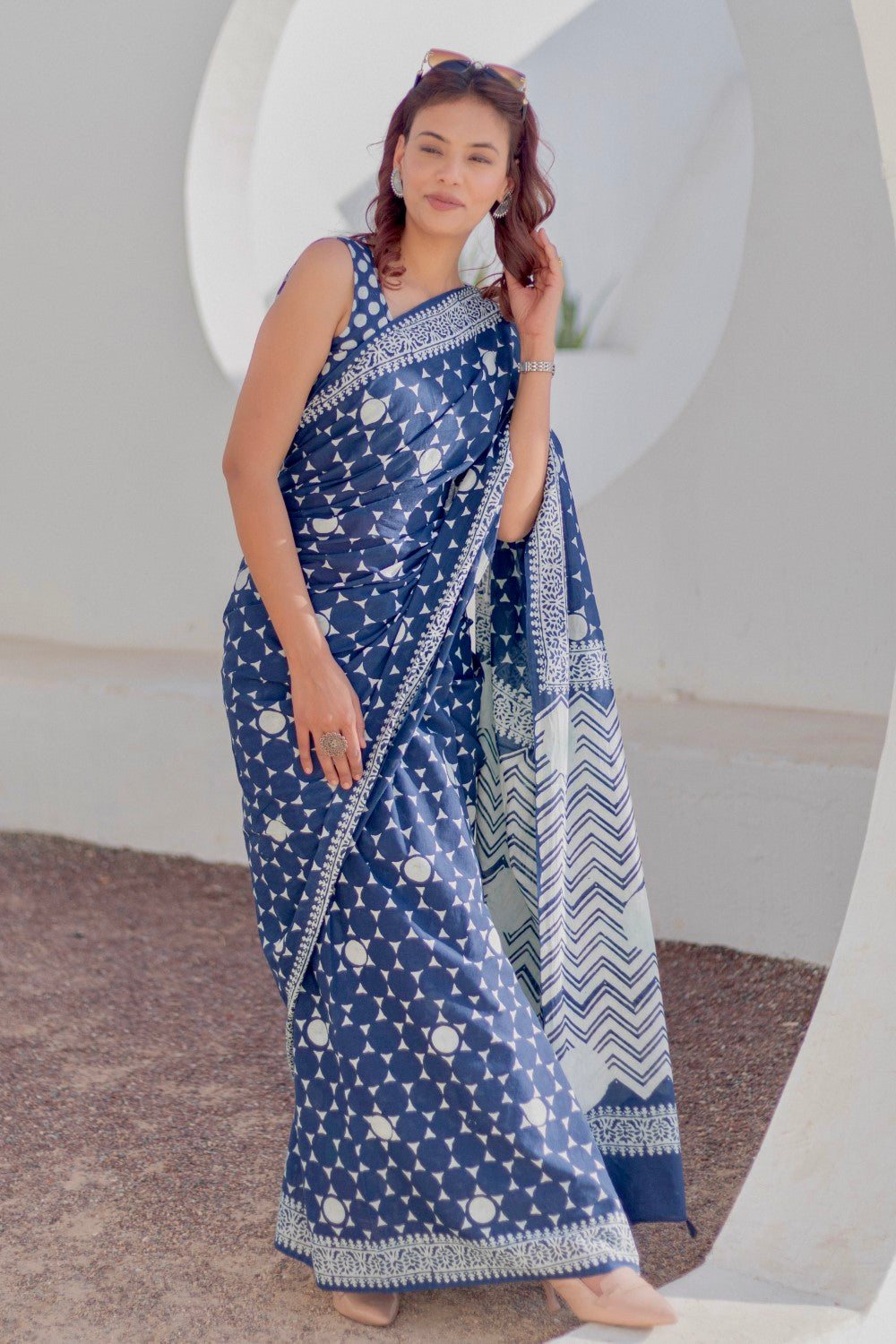 Navy Stars - Hand Block Mul Cotton Saree - SootiSyahi