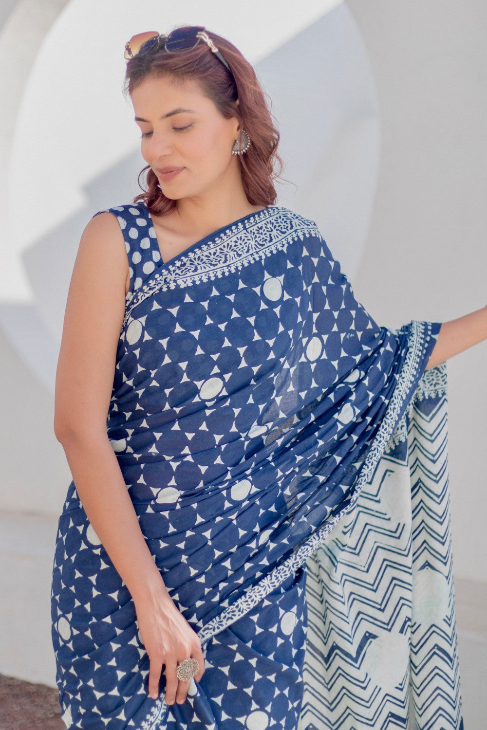 Navy Stars - Hand Block Mul Cotton Saree - SootiSyahi