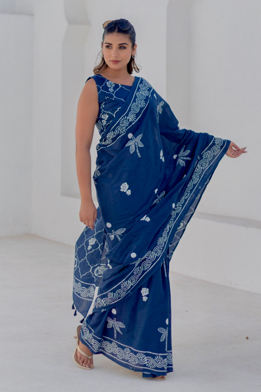 Indigo Dragonflies - Hand Block Mul Cotton Saree - SootiSyahi
