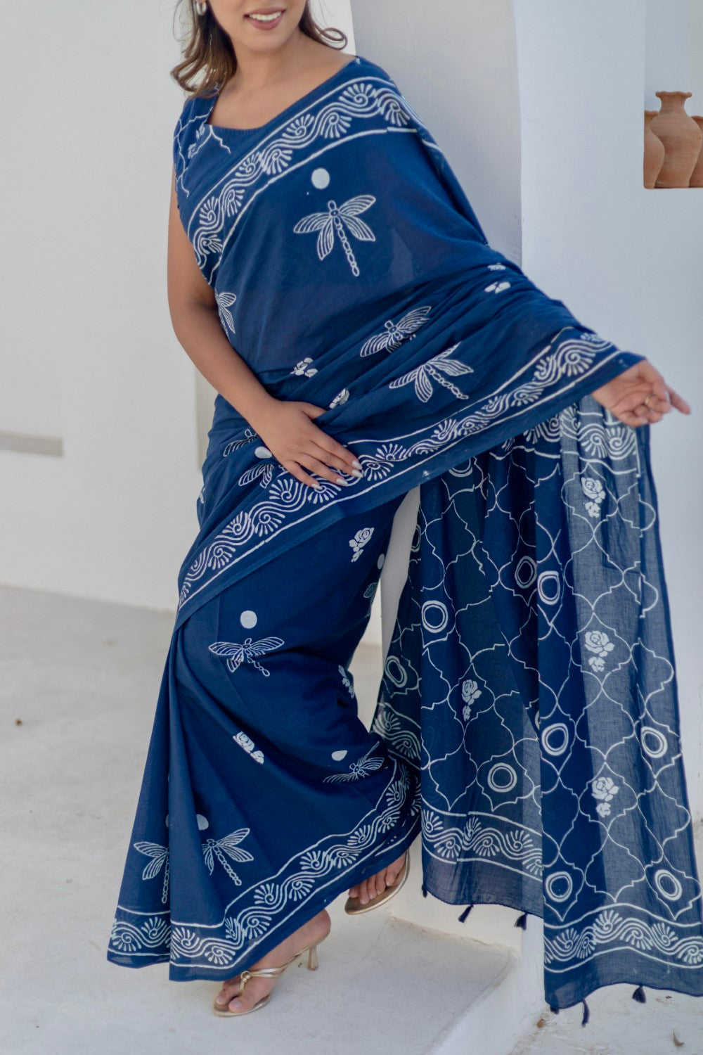 Indigo Dragonflies - Hand Block Mul Cotton Saree - SootiSyahi