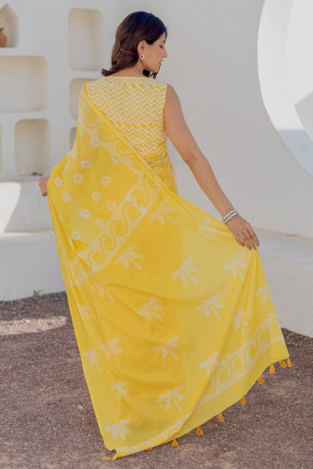 Sunshine Dots - Hand Block Mul Cotton Saree - SootiSyahi