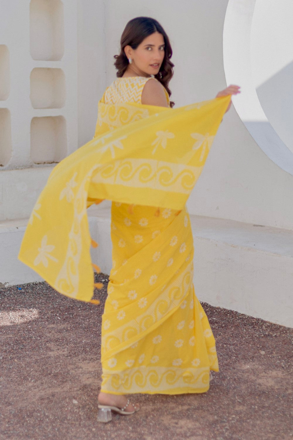 Sunshine Dots - Hand Block Mul Cotton Saree - SootiSyahi