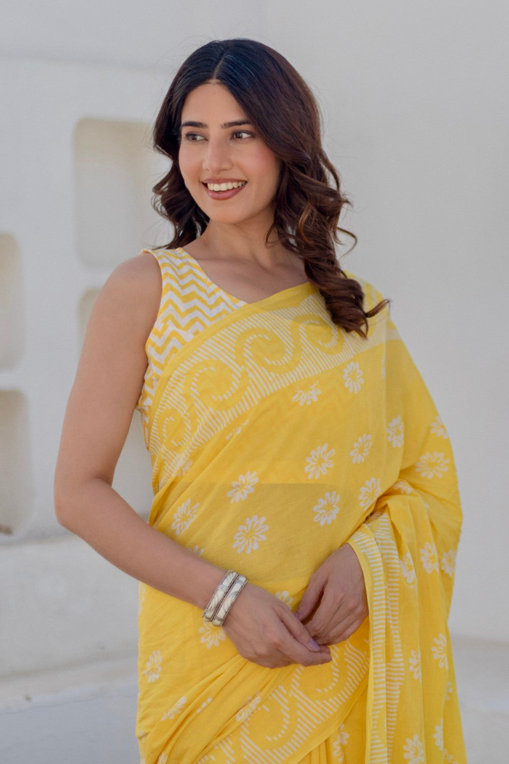 Sunshine Dots - Hand Block Mul Cotton Saree - SootiSyahi