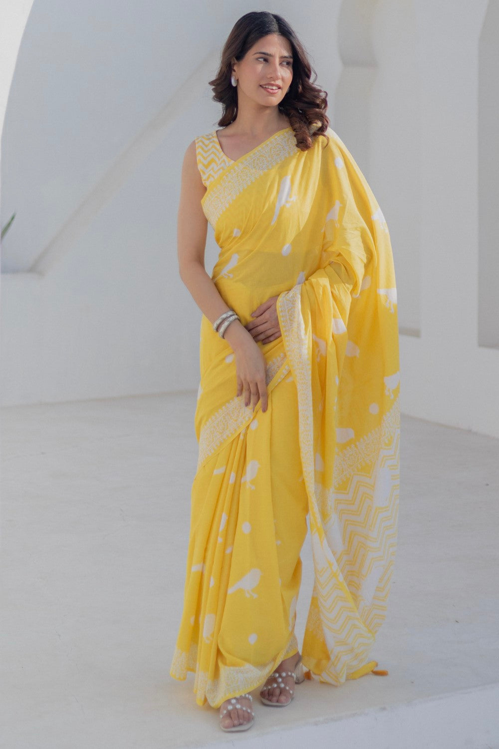 Golden Birds - Hand Block Mul Cotton Saree - SootiSyahi