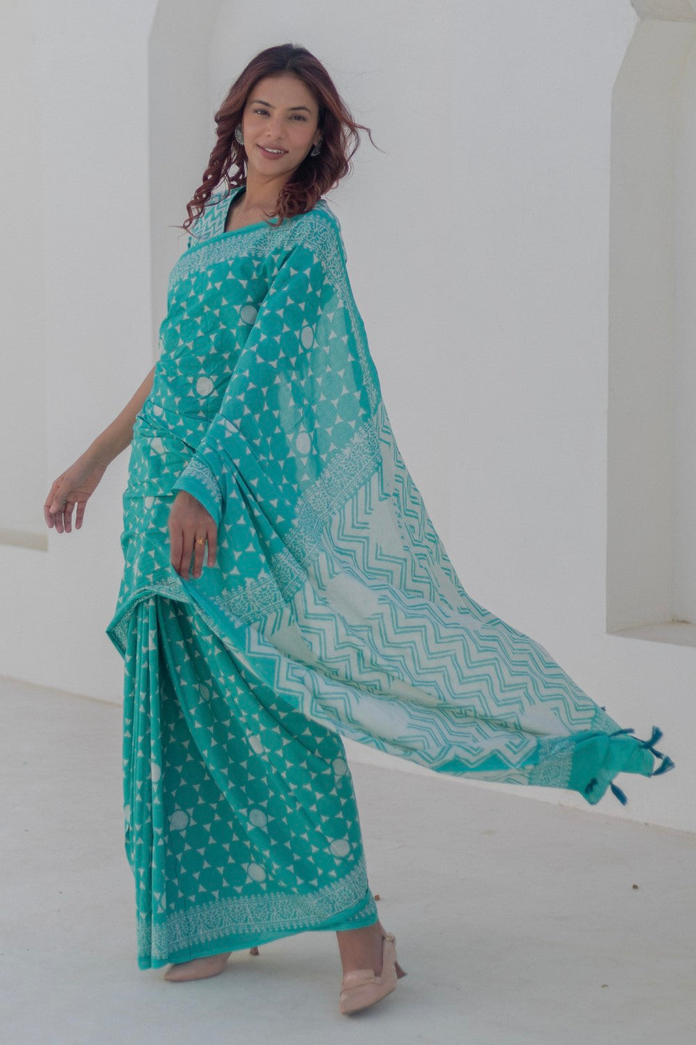 Turquoise Blooms - Hand Block Mul Cotton Saree - SootiSyahi