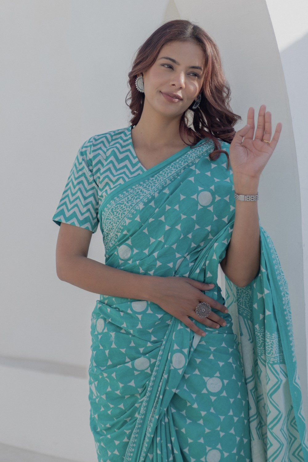 Turquoise Blooms - Hand Block Mul Cotton Saree - SootiSyahi