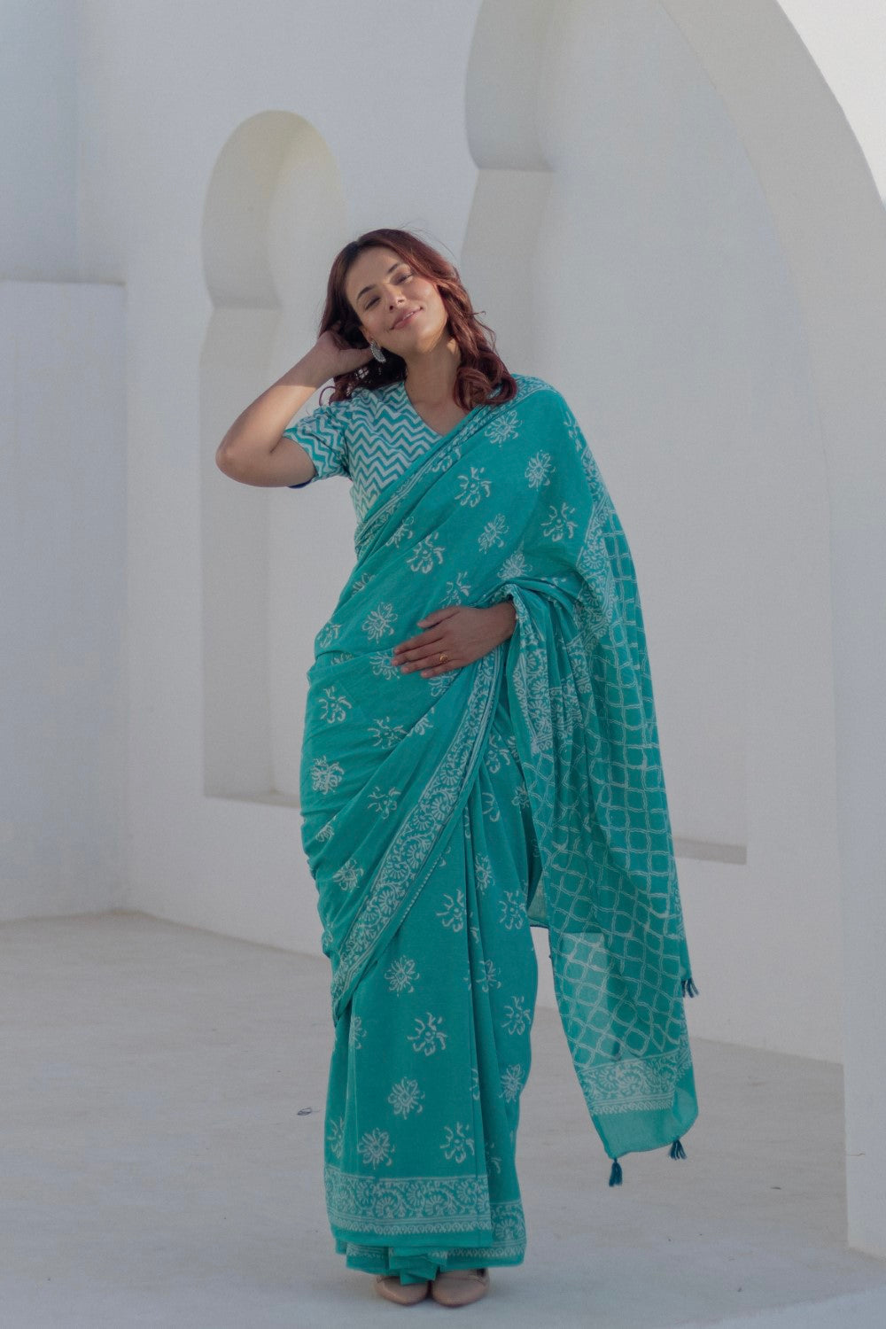 Aqua Florals - Hand Block Mul Cotton Saree - SootiSyahi