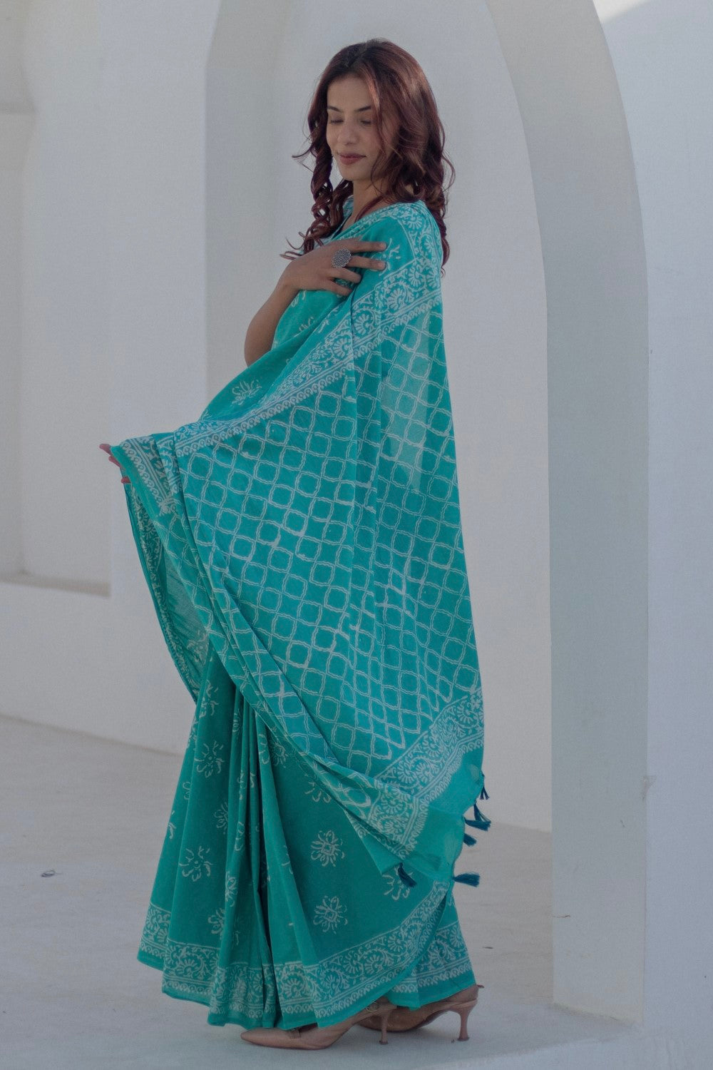 Aqua Florals - Hand Block Mul Cotton Saree - SootiSyahi