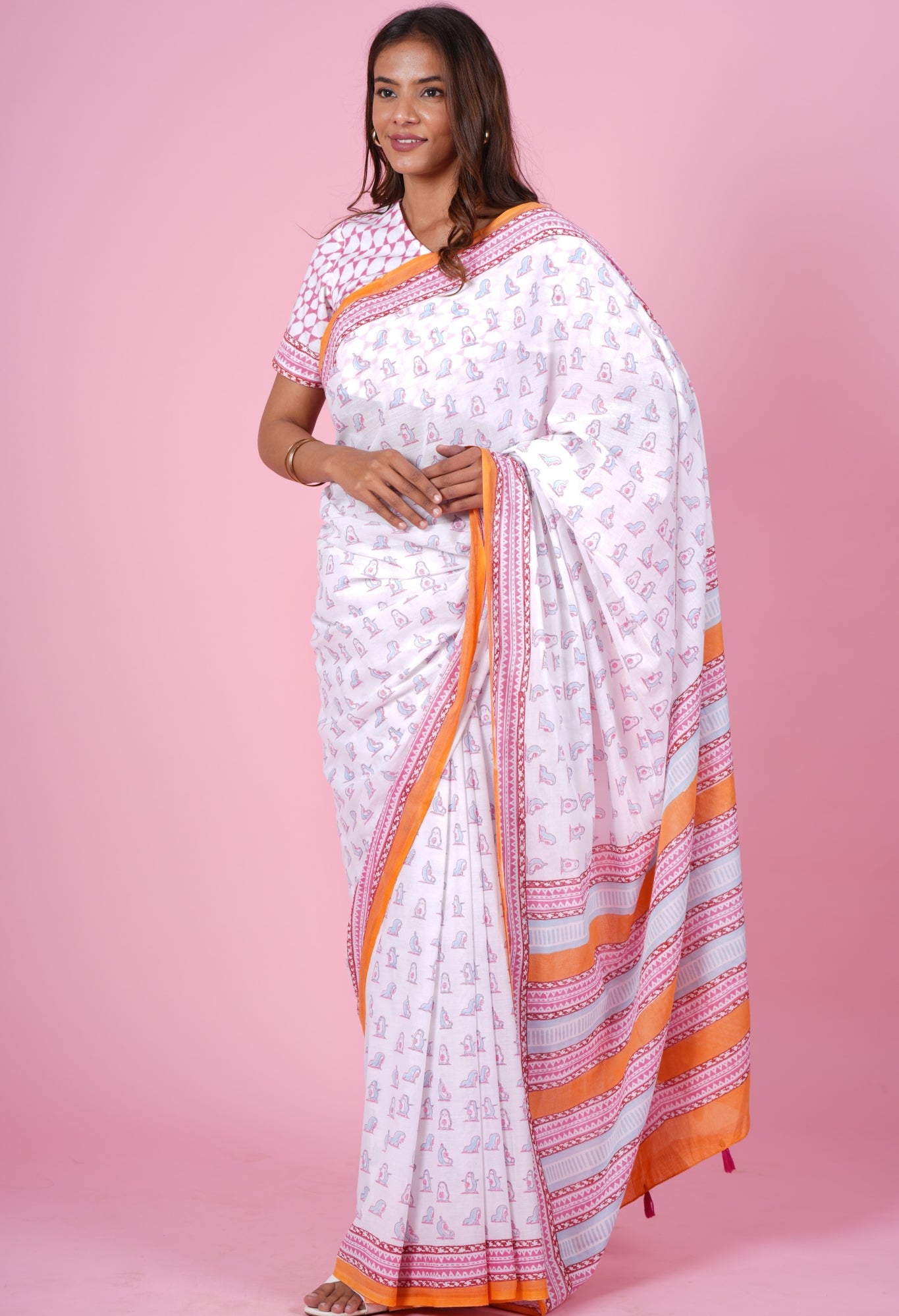 "Pink Penguins'' Block Printed Cotton Saree