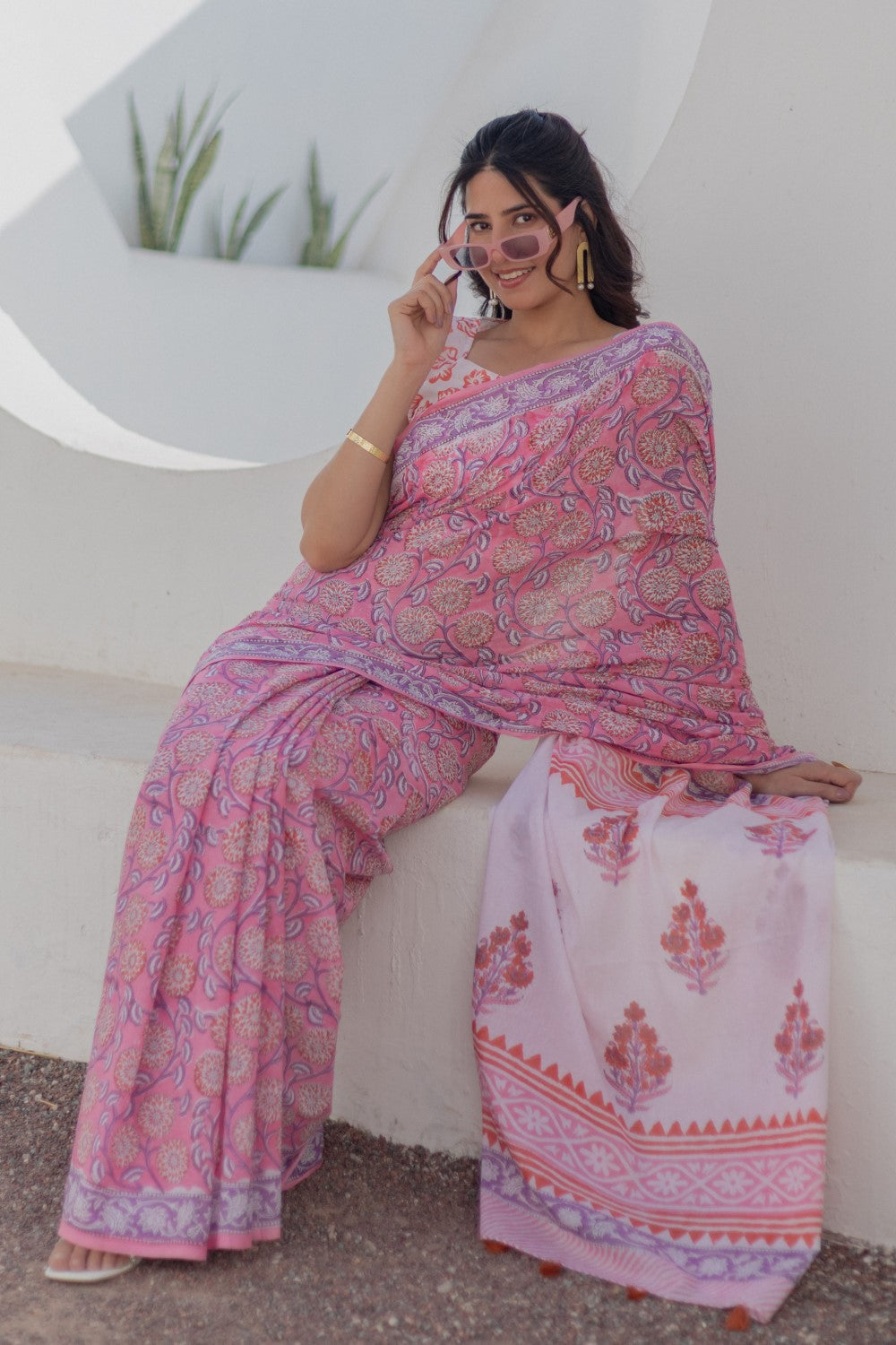 Rose Paisley-handblock-print-mul-cotton-saree