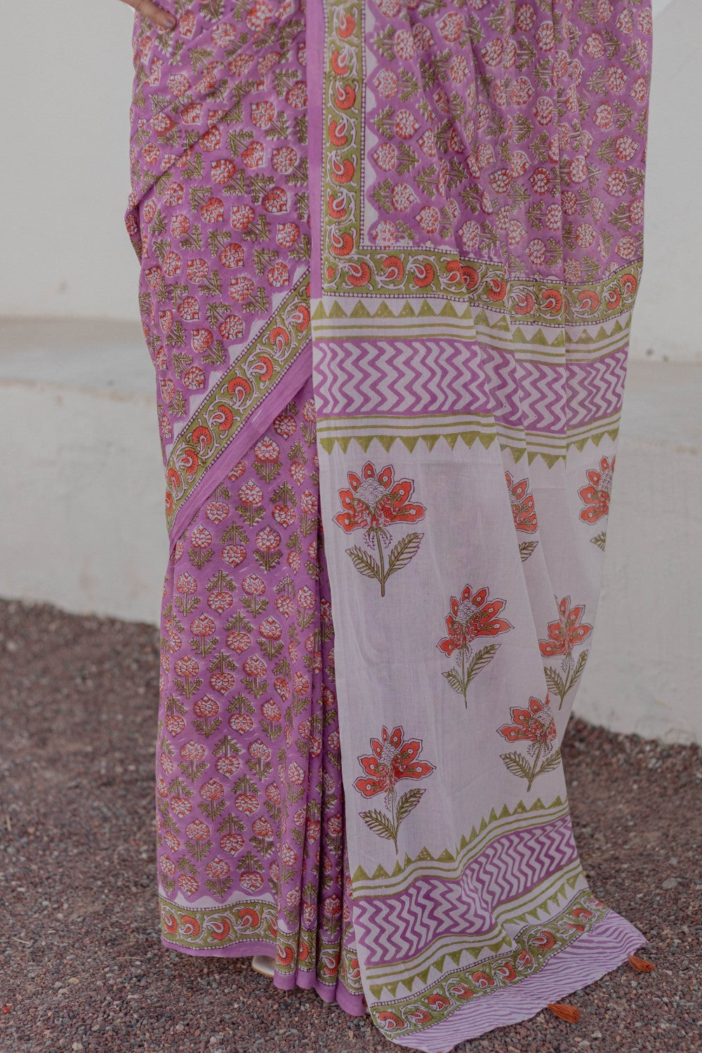 Lavender Dreams-handblock-print-mul-cotton-saree