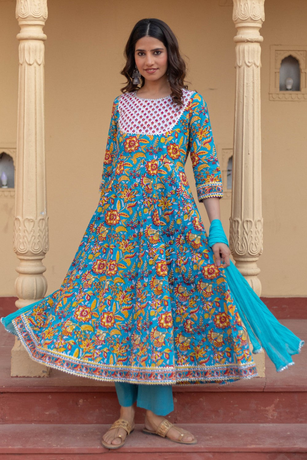 SootiSyahi-“Turquoise Festival" Hand Block Printed Cotton Suit Set