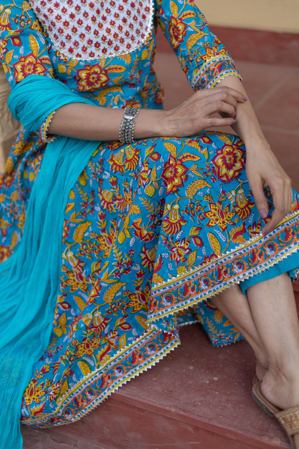 SootiSyahi-“Turquoise Festival" Hand Block Printed Cotton Suit Set
