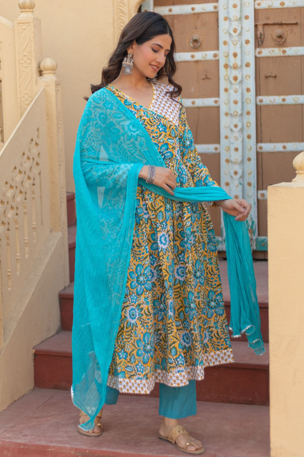 Sootisyahi-“Azure Elegance” Hand Block Printed Cotton Suit Set