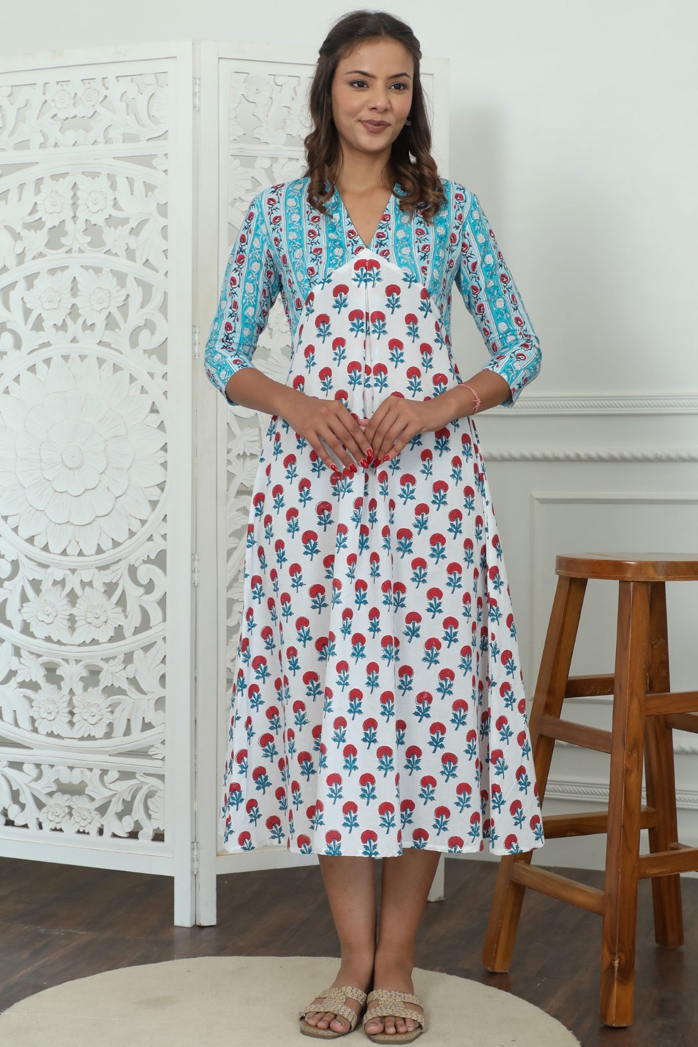 Sootisyahi ' Floralia ' Azofree Handblock Printed Pure Cotton Dress