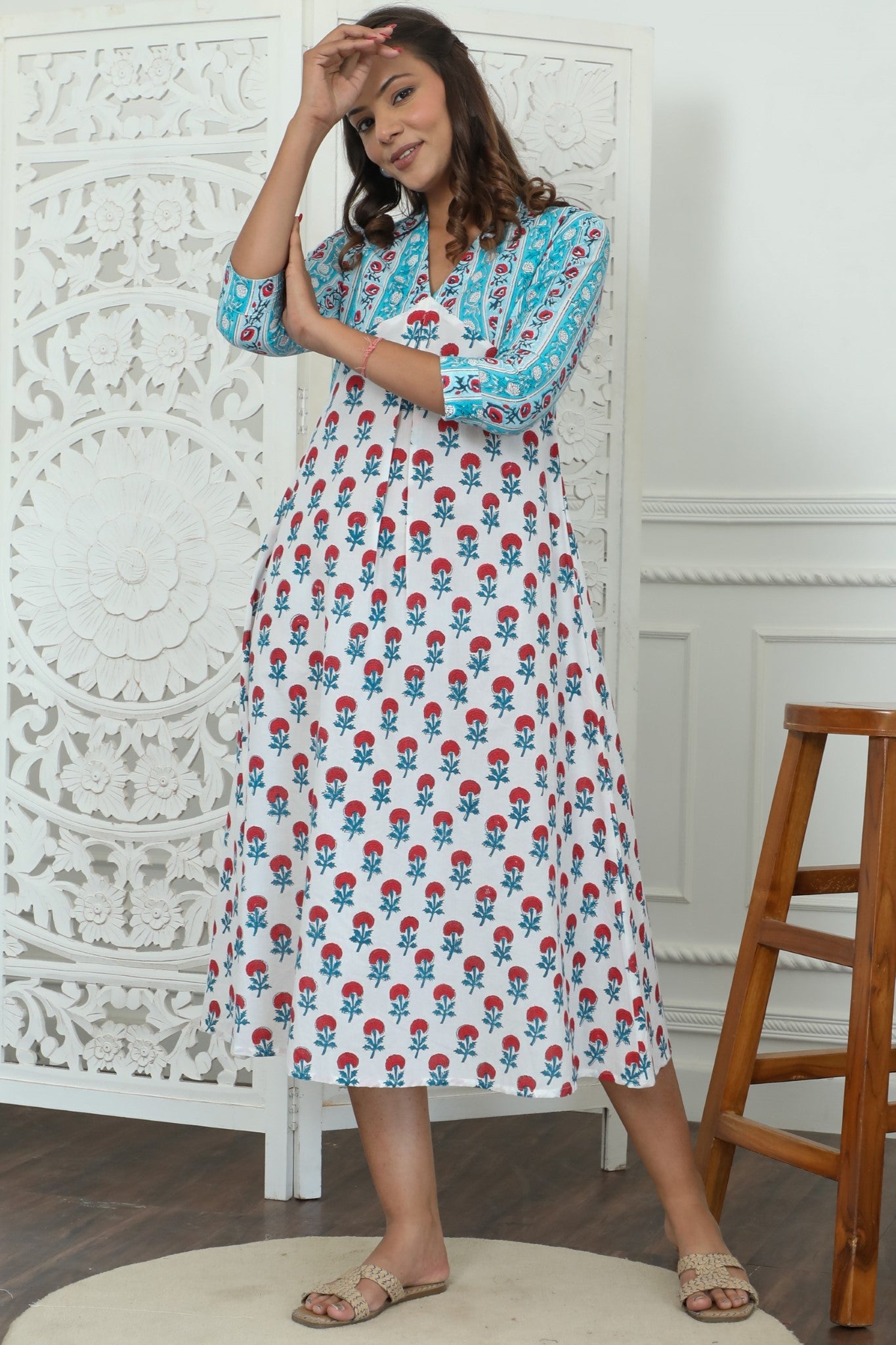 Sootisyahi ' Floralia ' Azofree Handblock Printed Pure Cotton Dress
