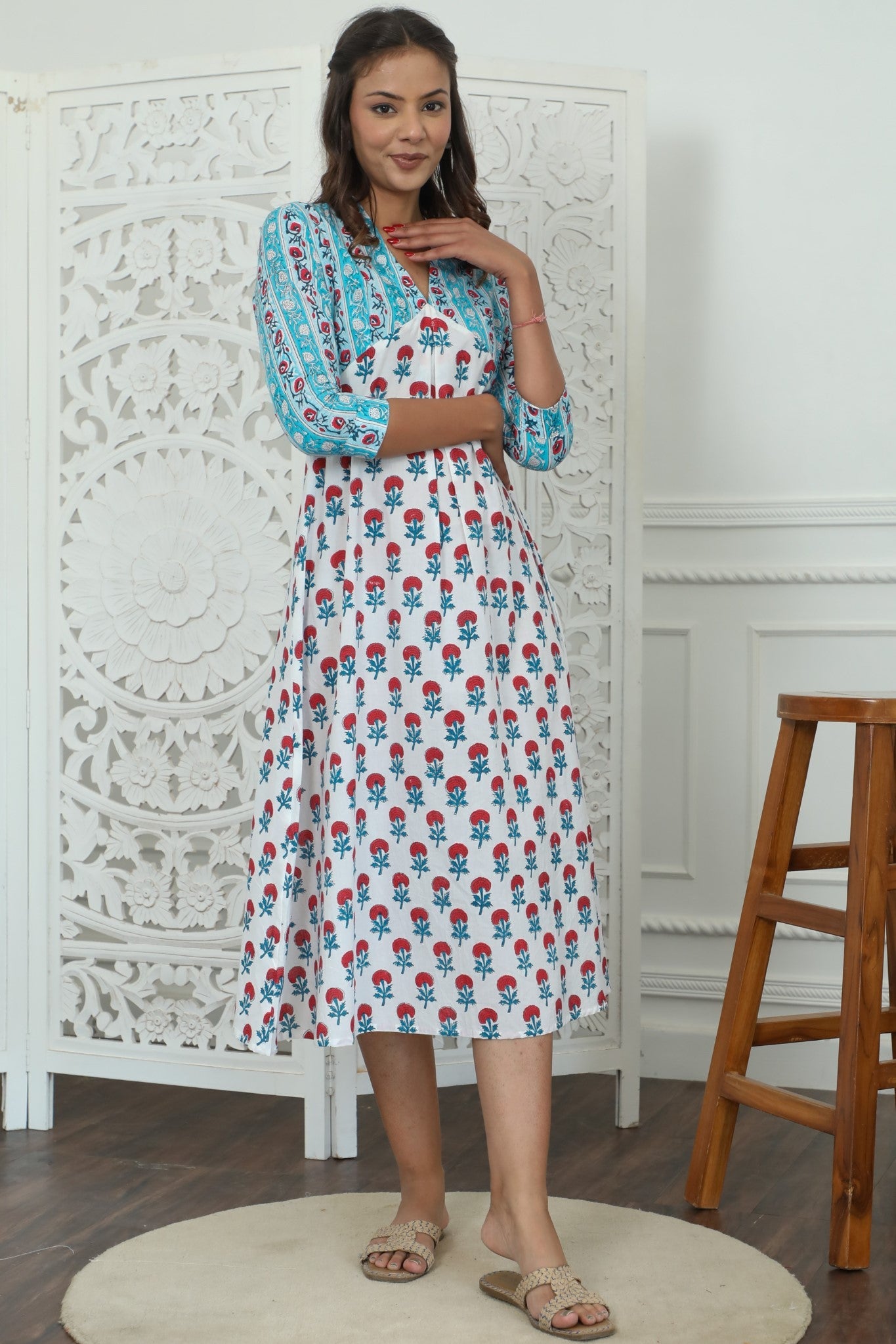 Sootisyahi ' Floralia ' Azofree Handblock Printed Pure Cotton Dress