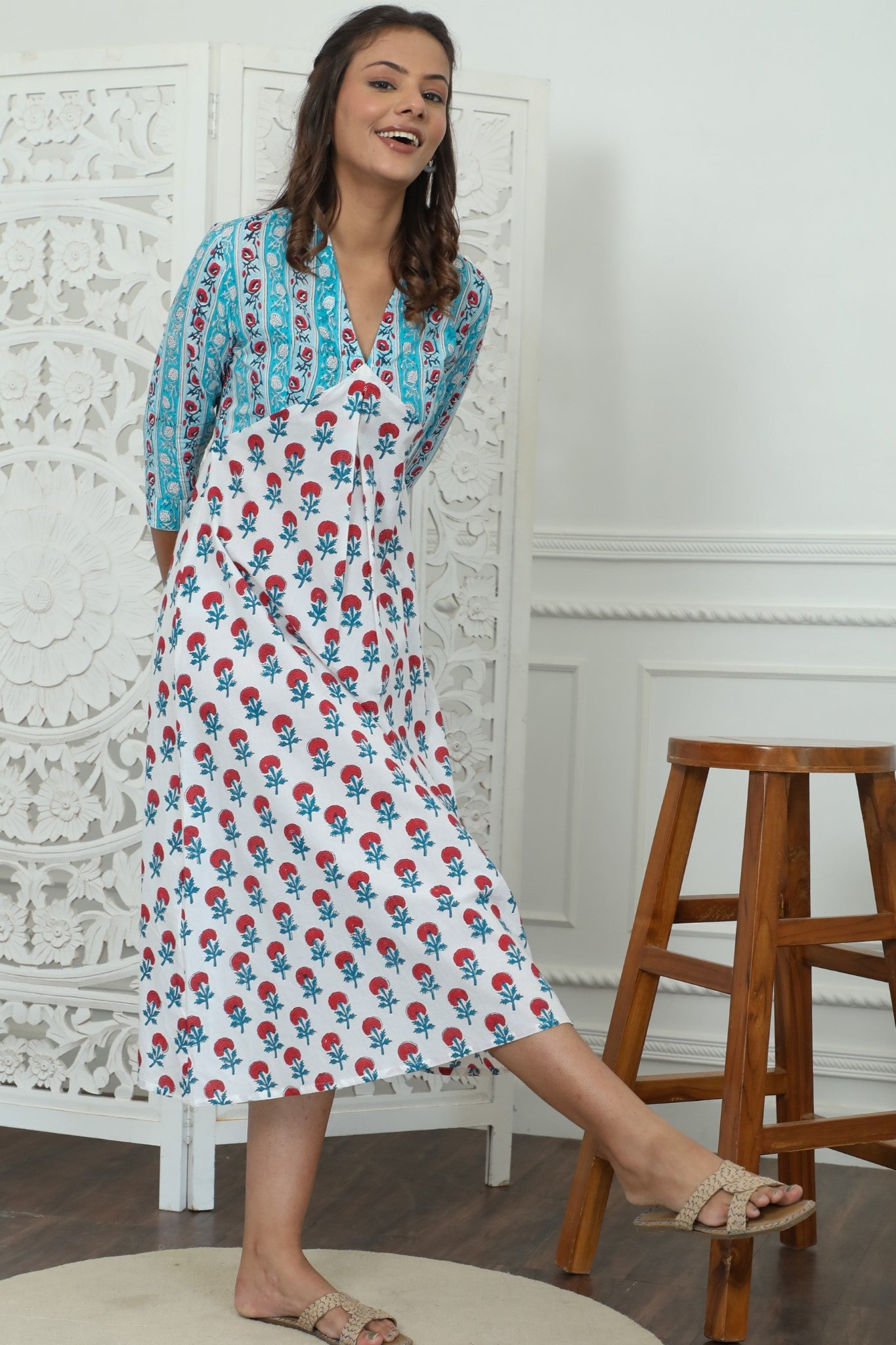 Sootisyahi ' Floralia ' Azofree Handblock Printed Pure Cotton Dress