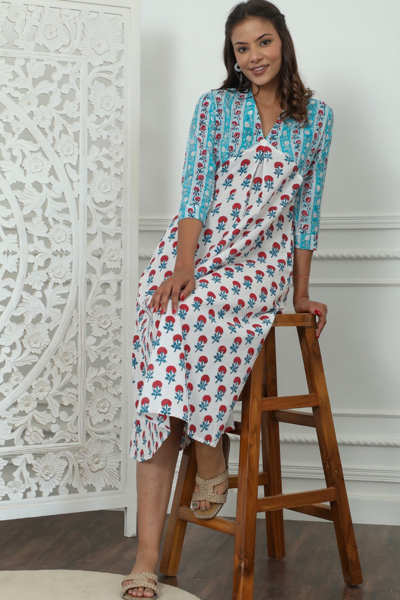 Sootisyahi ' Floralia ' Azofree Handblock Printed Pure Cotton Dress