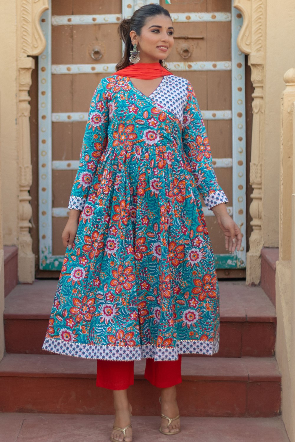 “Coral Celebration” Hand Block Printed Cotton Suit Set