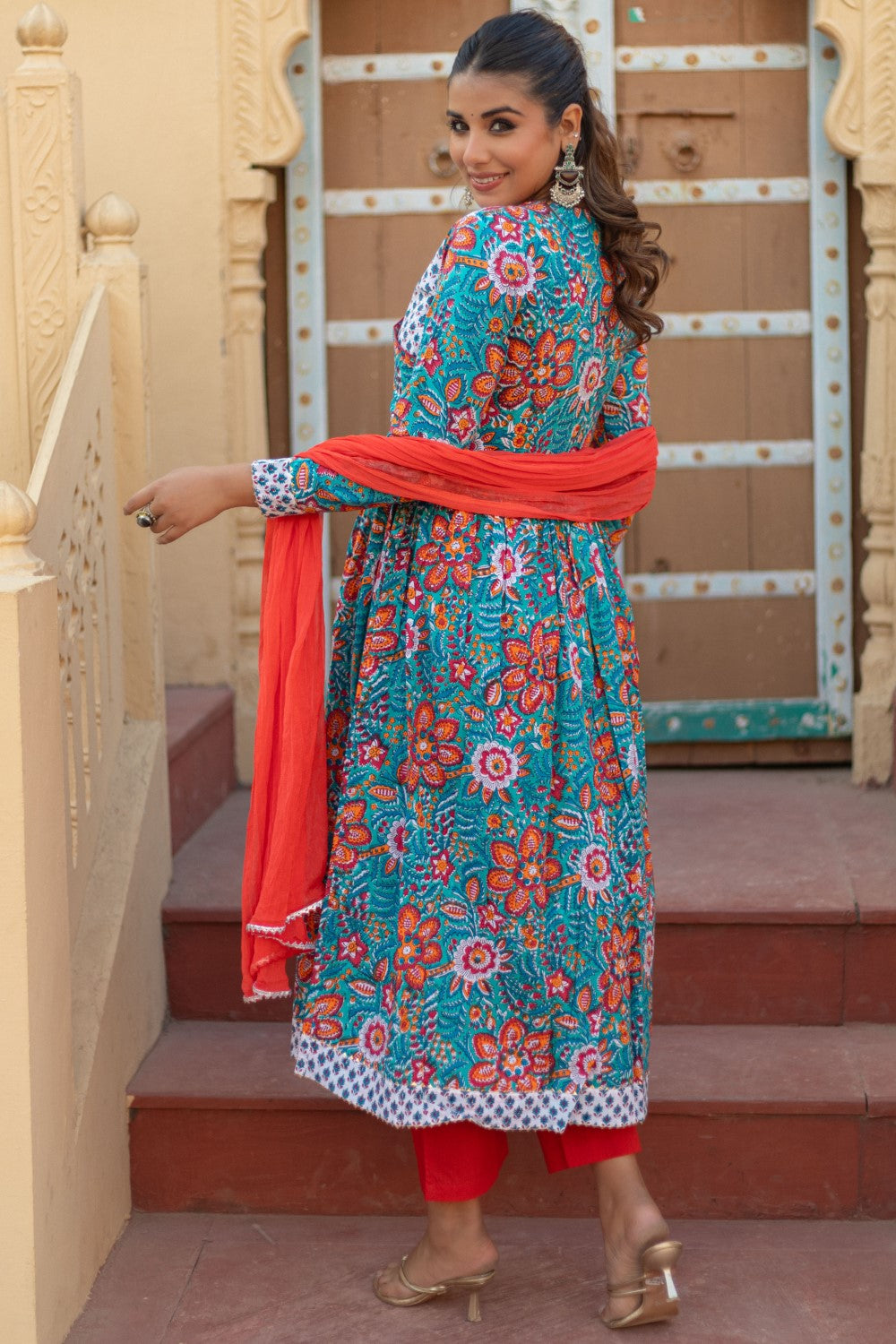 “Coral Celebration” Hand Block Printed Cotton Suit Set