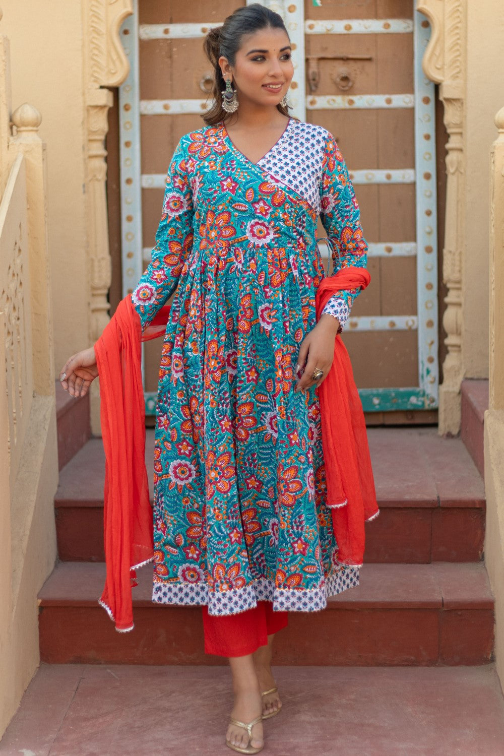 “Coral Celebration” Hand Block Printed Cotton Suit Set
