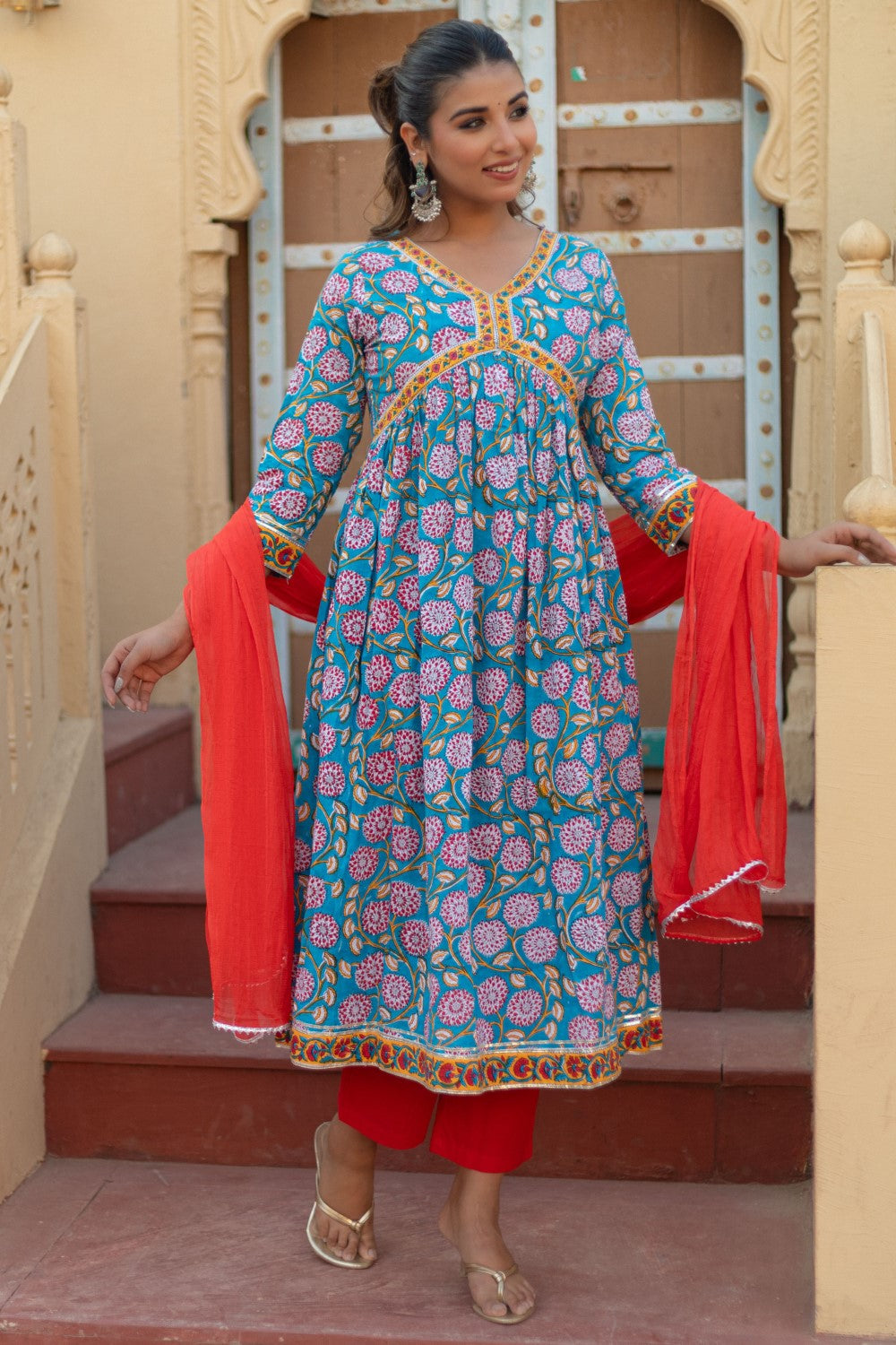 sootisyahi-“Floral Celebration” Hand Block Printed Cotton Suit Set