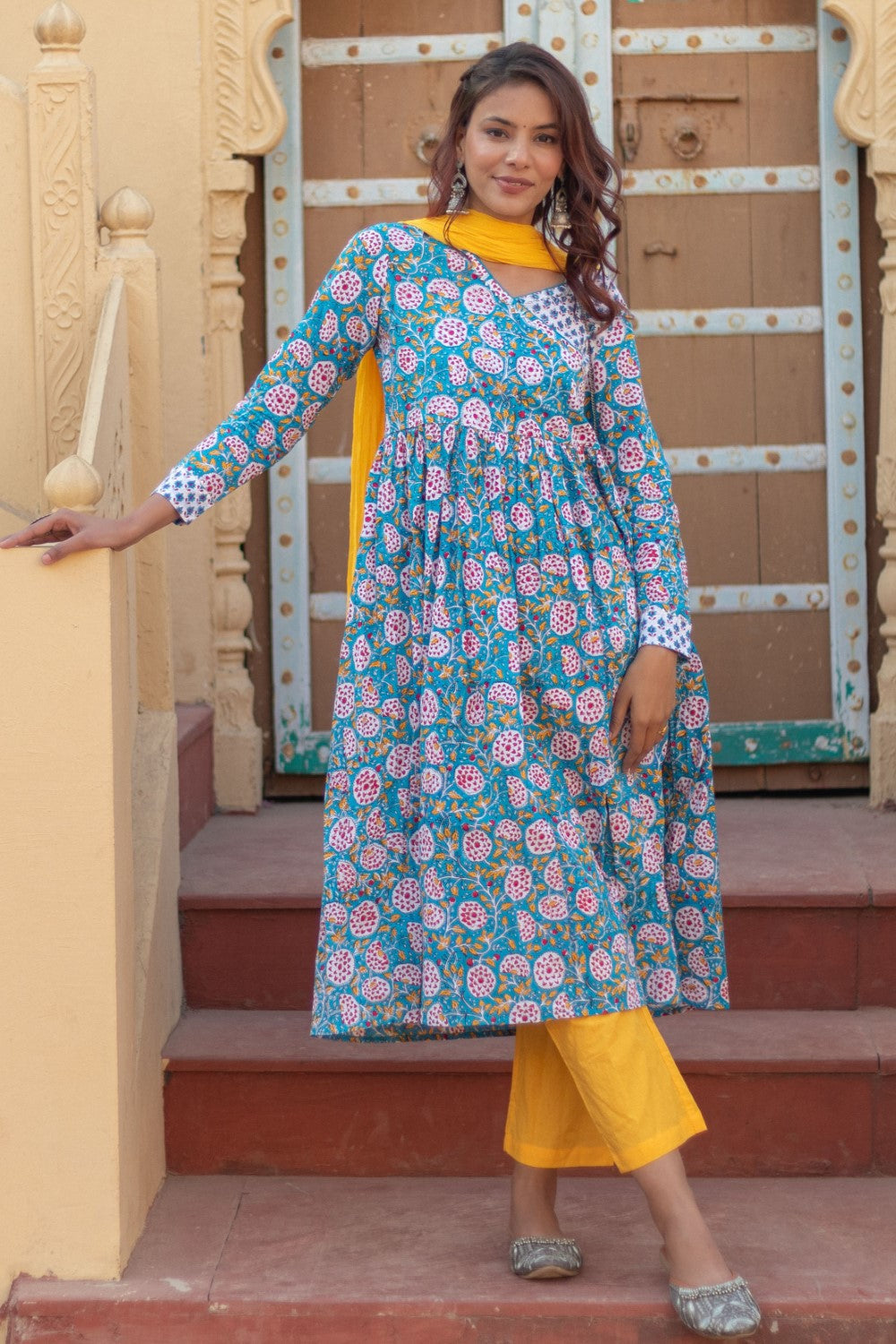 Sootisyahi-“Turquoise Festivity” Hand Block Printed Cotton Suit Set