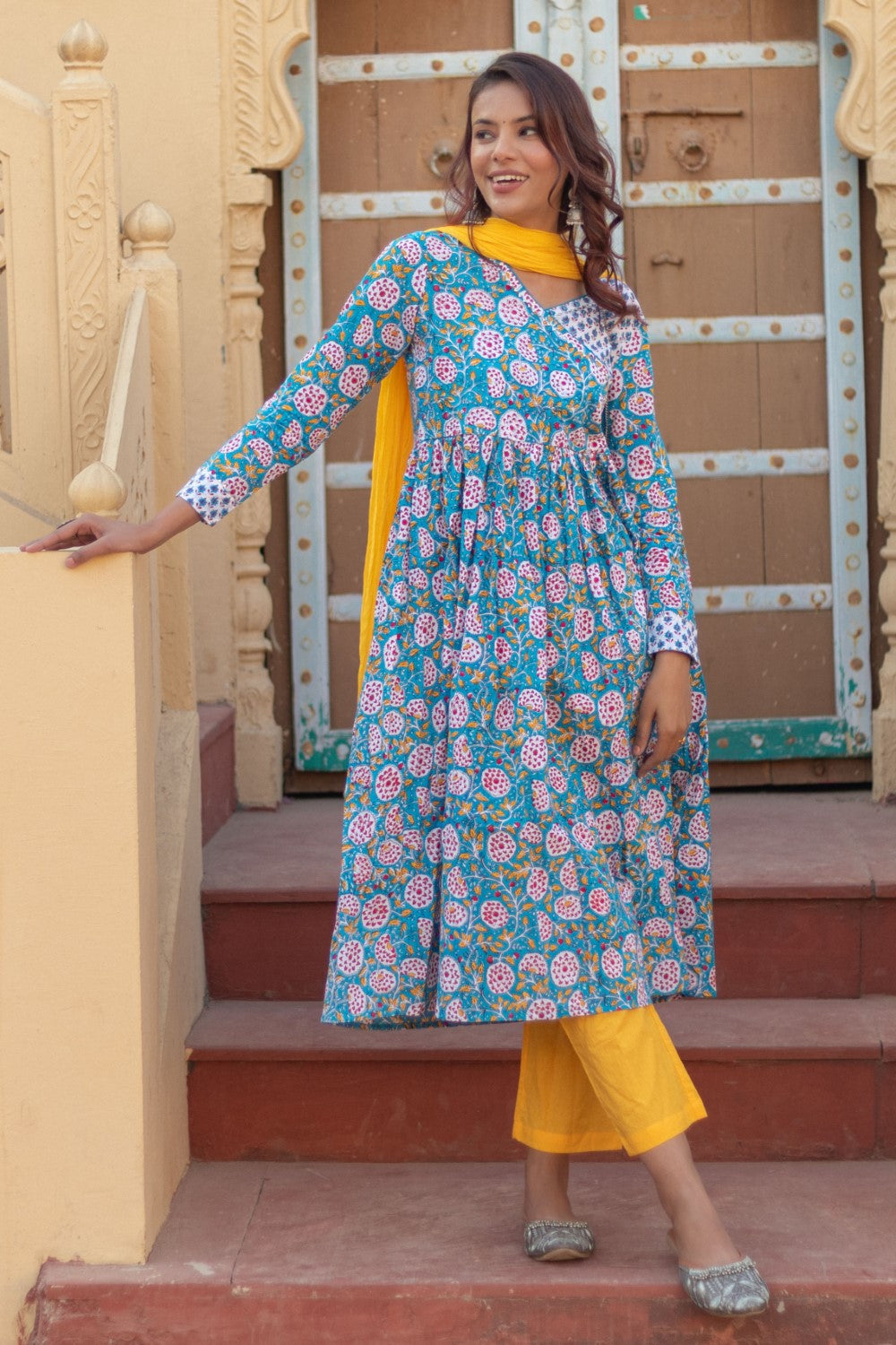 Sootisyahi-“Turquoise Festivity” Hand Block Printed Cotton Suit Set