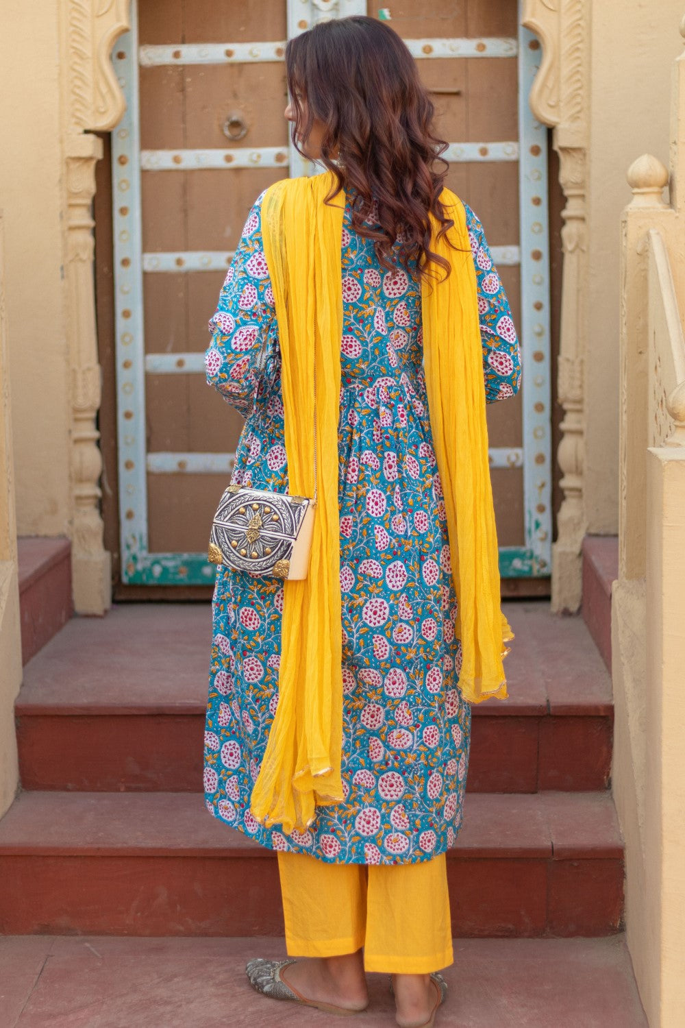 Sootisyahi-“Turquoise Festivity” Hand Block Printed Cotton Suit Set