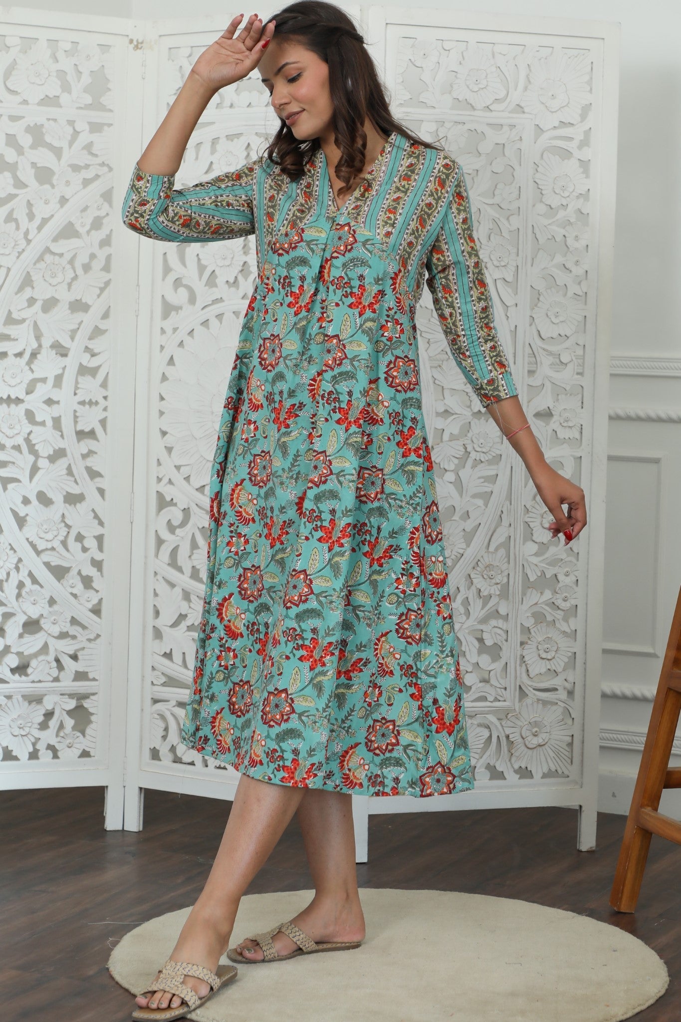 Sootisyahi ' Floralix ' Azofree Handblock Printed Pure Cotton Dress