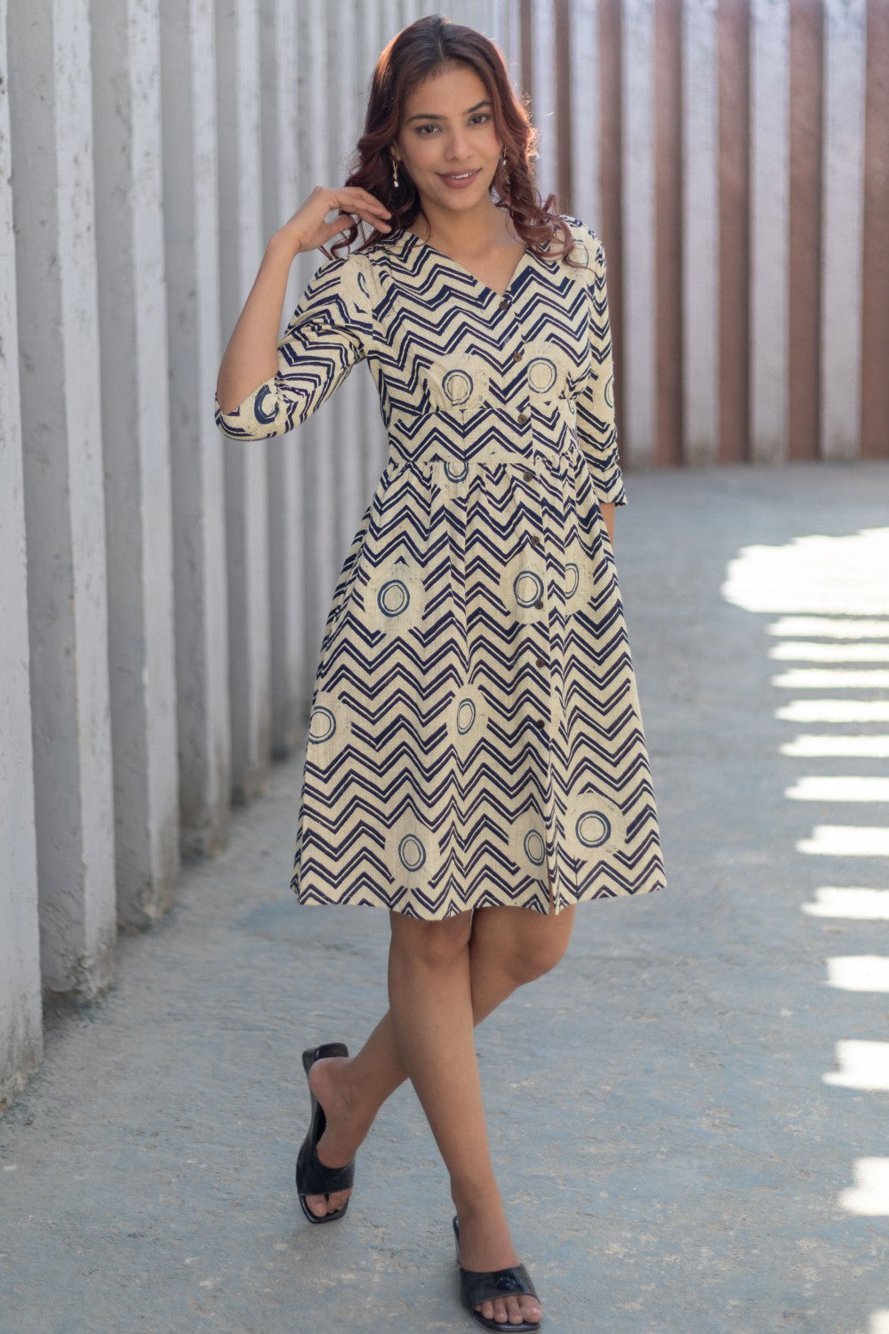 Chevron Sunset' Hand Block Printed Cotton Dress Blue