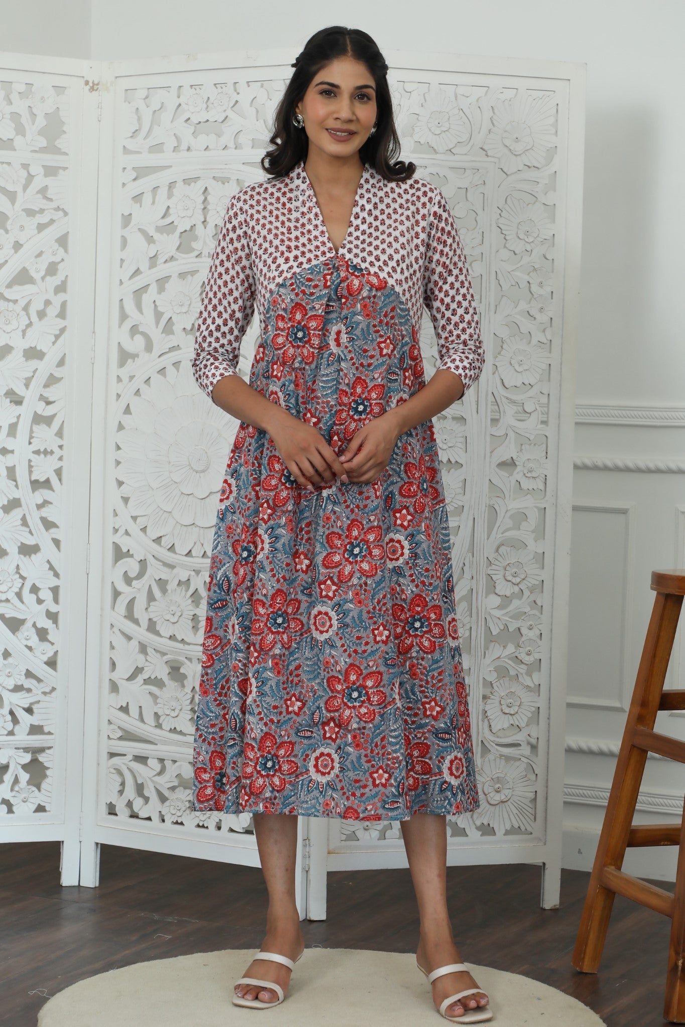Sootisyahi ' Daisyana ' Azofree Handblock Printed Pure Cotton Dress