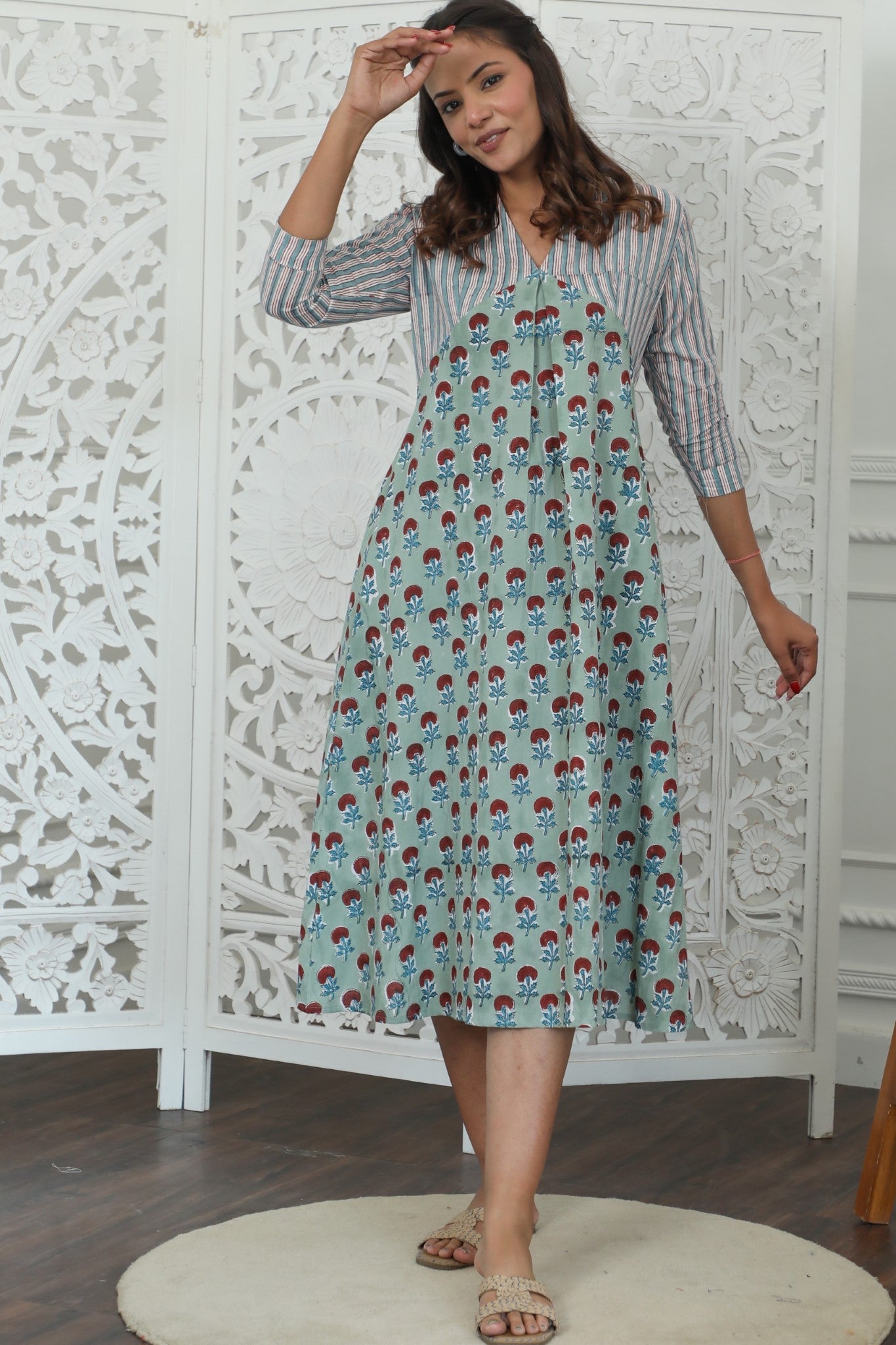 Sootisyahi ' Florenza ' Azofree Handblock Printed Pure Cotton Dress