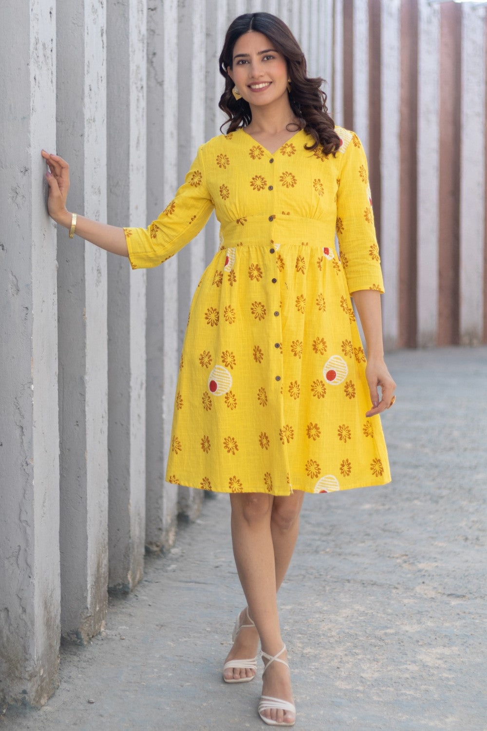 'Floral Medallion Yellow' Hand Block Printed Cotton Dress