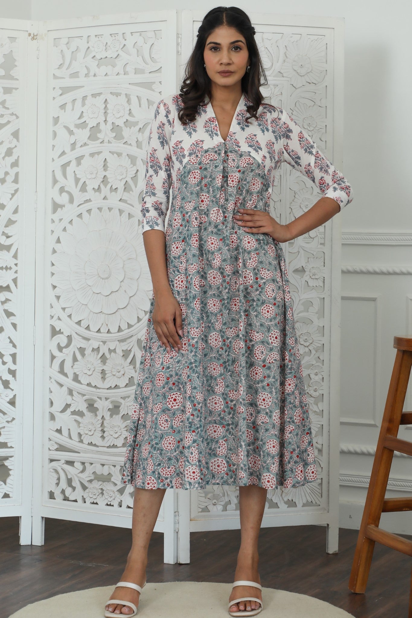 Sootisyahi ' Petalina ' Azofree Handblock Printed Pure Cotton Dress