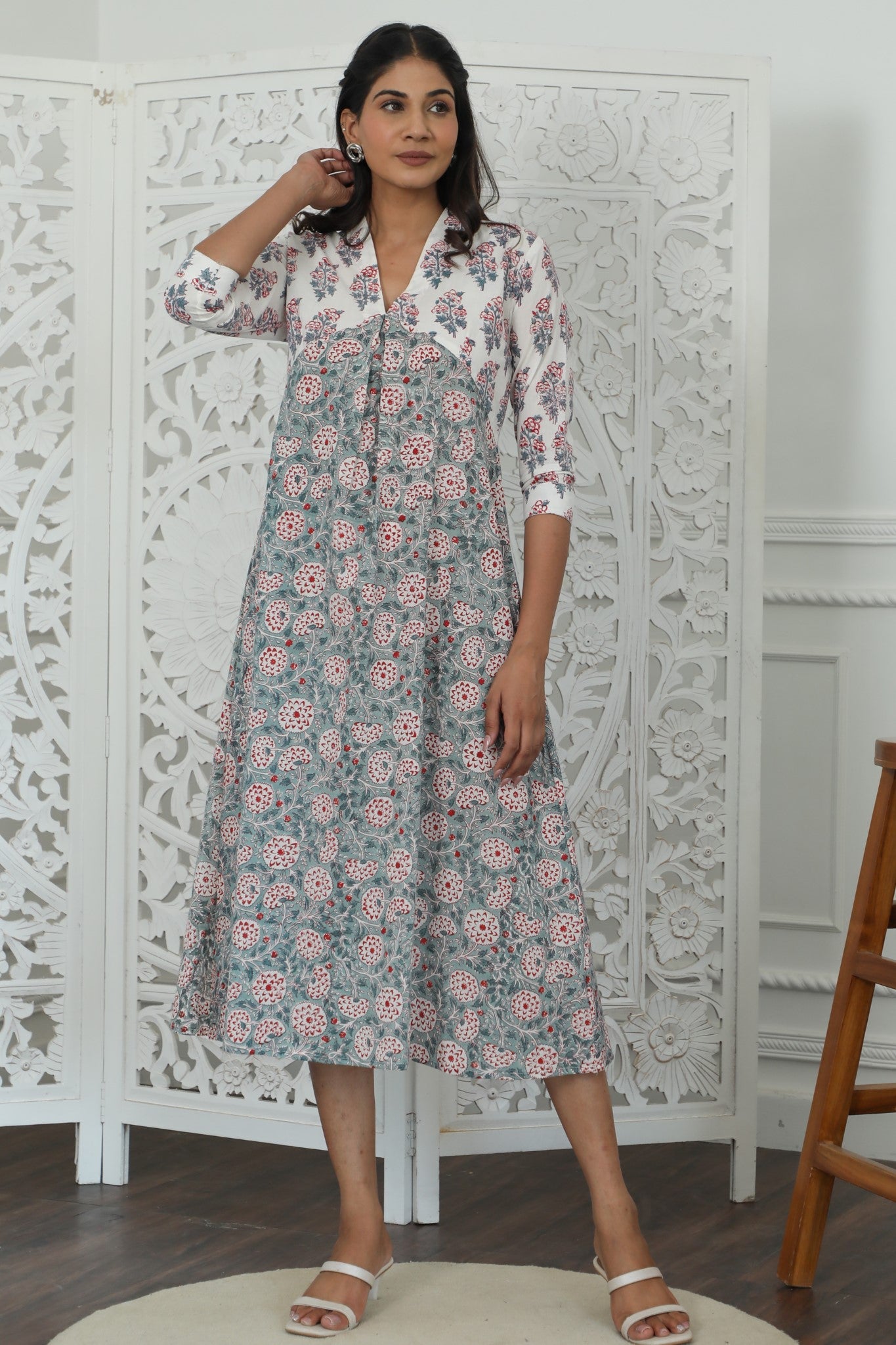 Sootisyahi ' Petalina ' Azofree Handblock Printed Pure Cotton Dress