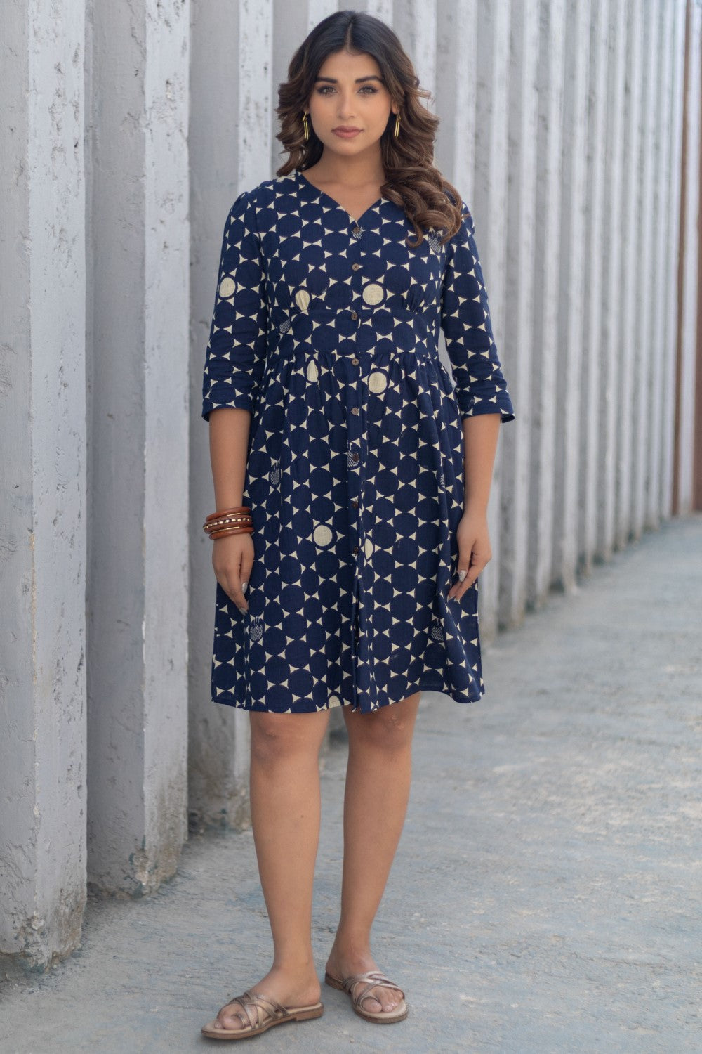 Starry Night' Hand Block Printed Cotton Dress BLUE